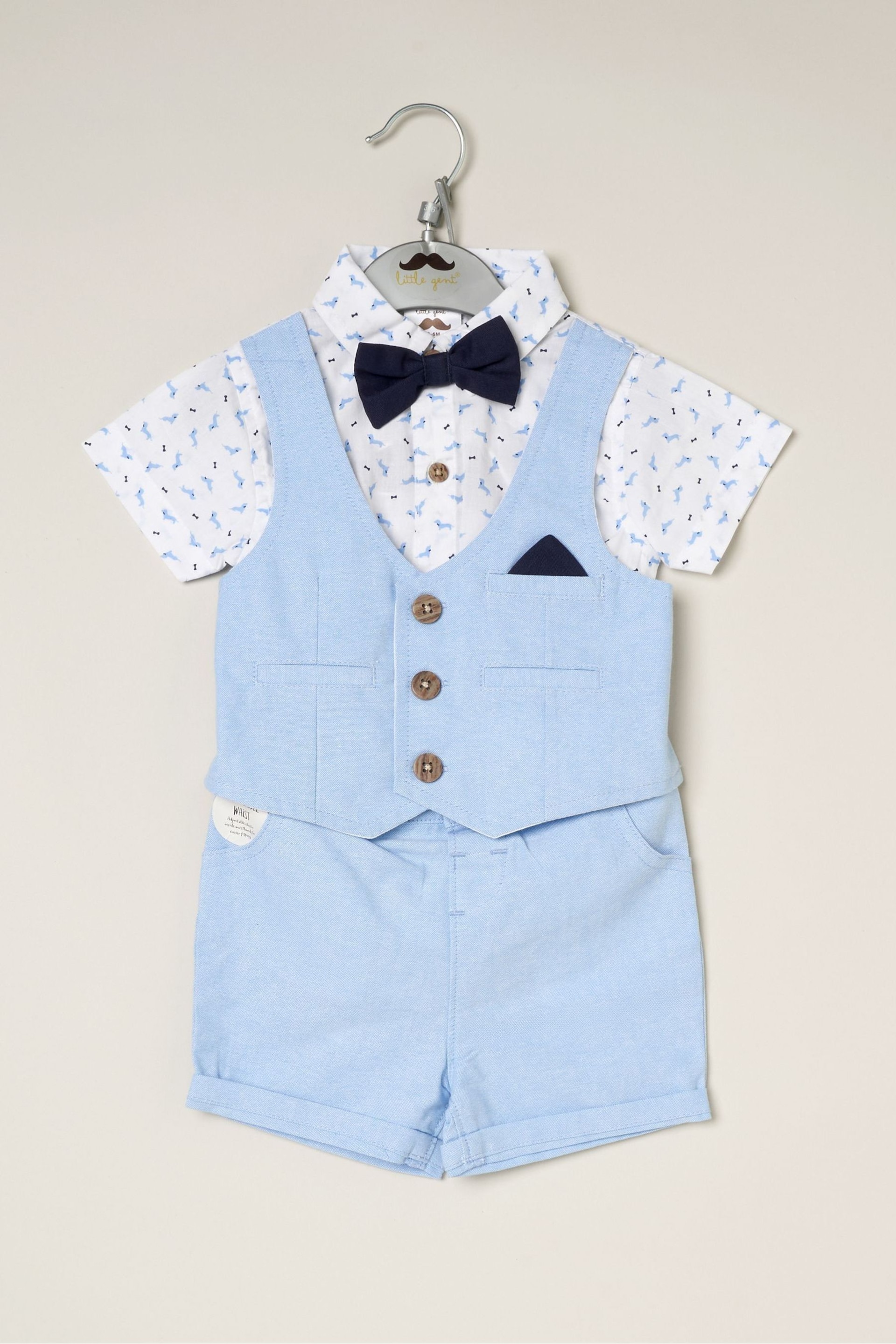 Little Gent Blue Shirt Style Bodysuit Shorts And Bowtie Outfit Set - Image 2 of 4