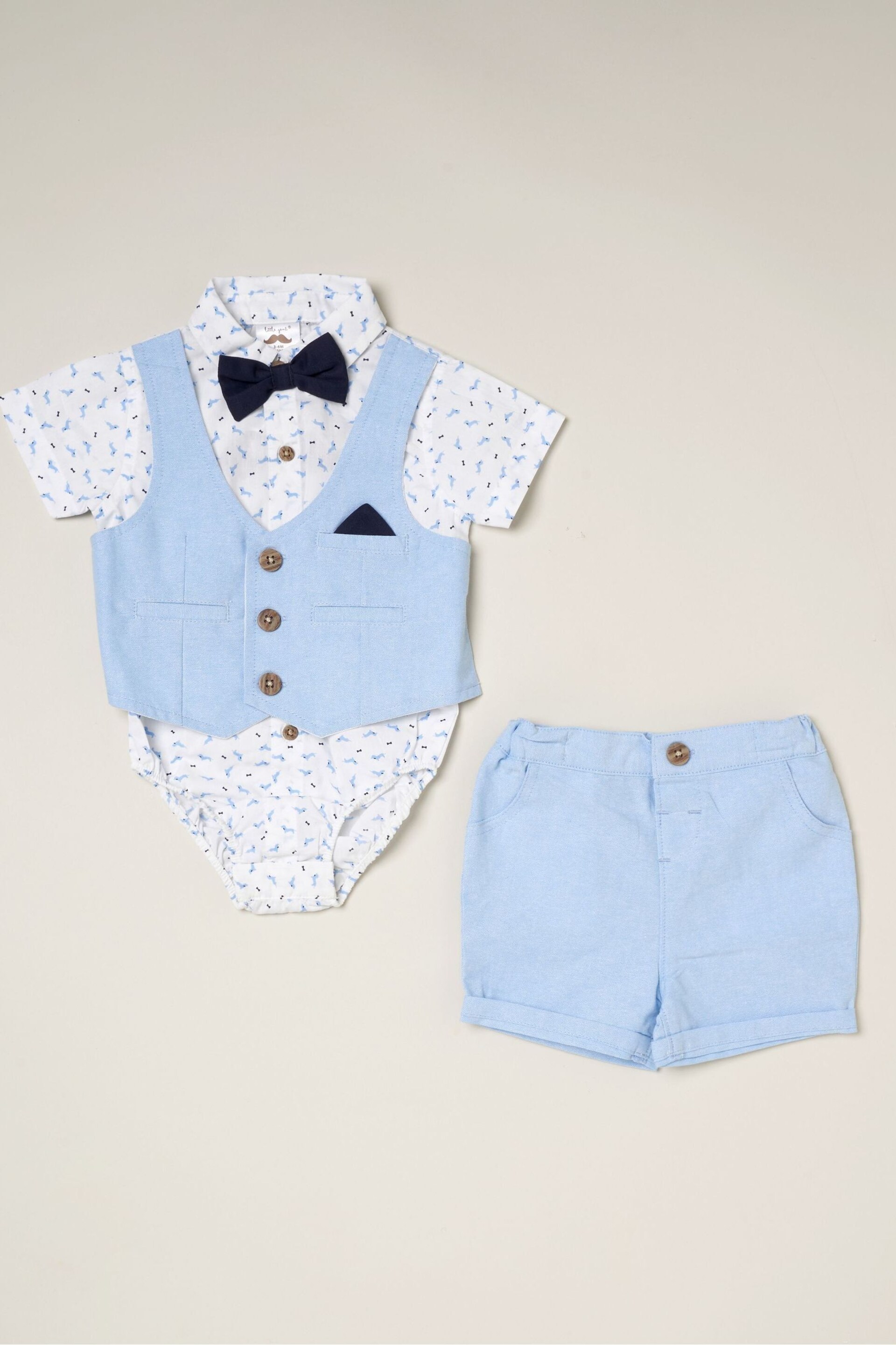 Little Gent Blue Shirt Style Bodysuit Shorts And Bowtie Outfit Set - Image 3 of 4