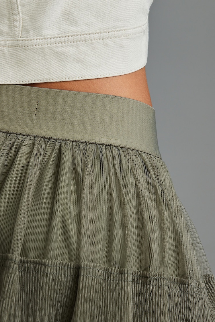 Khaki Green Mesh Tulle Midi Skirt - Image 5 of 7