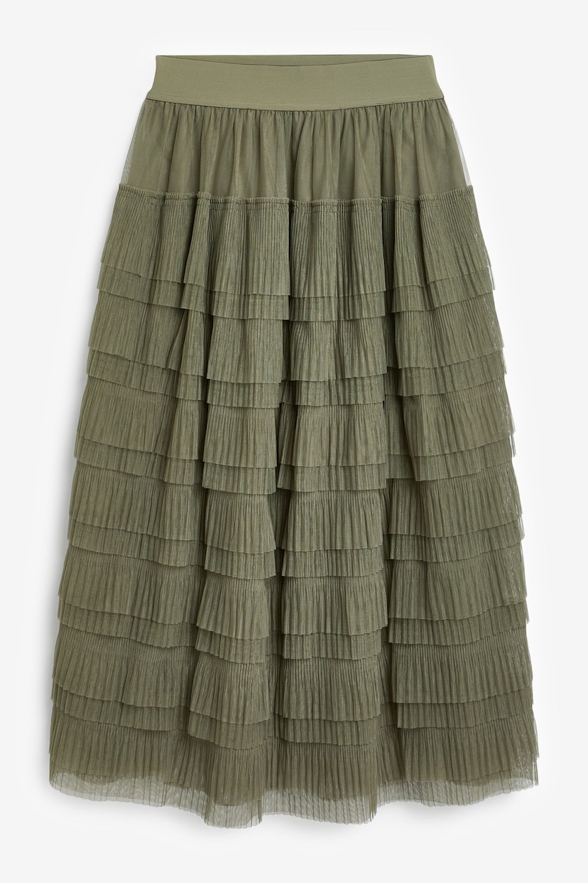 Khaki Green Mesh Tulle Midi Skirt - Image 6 of 7