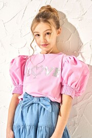 Angel & Rocket Pink Heidi Puff Sleeve Love Diamanté Top - Image 1 of 5