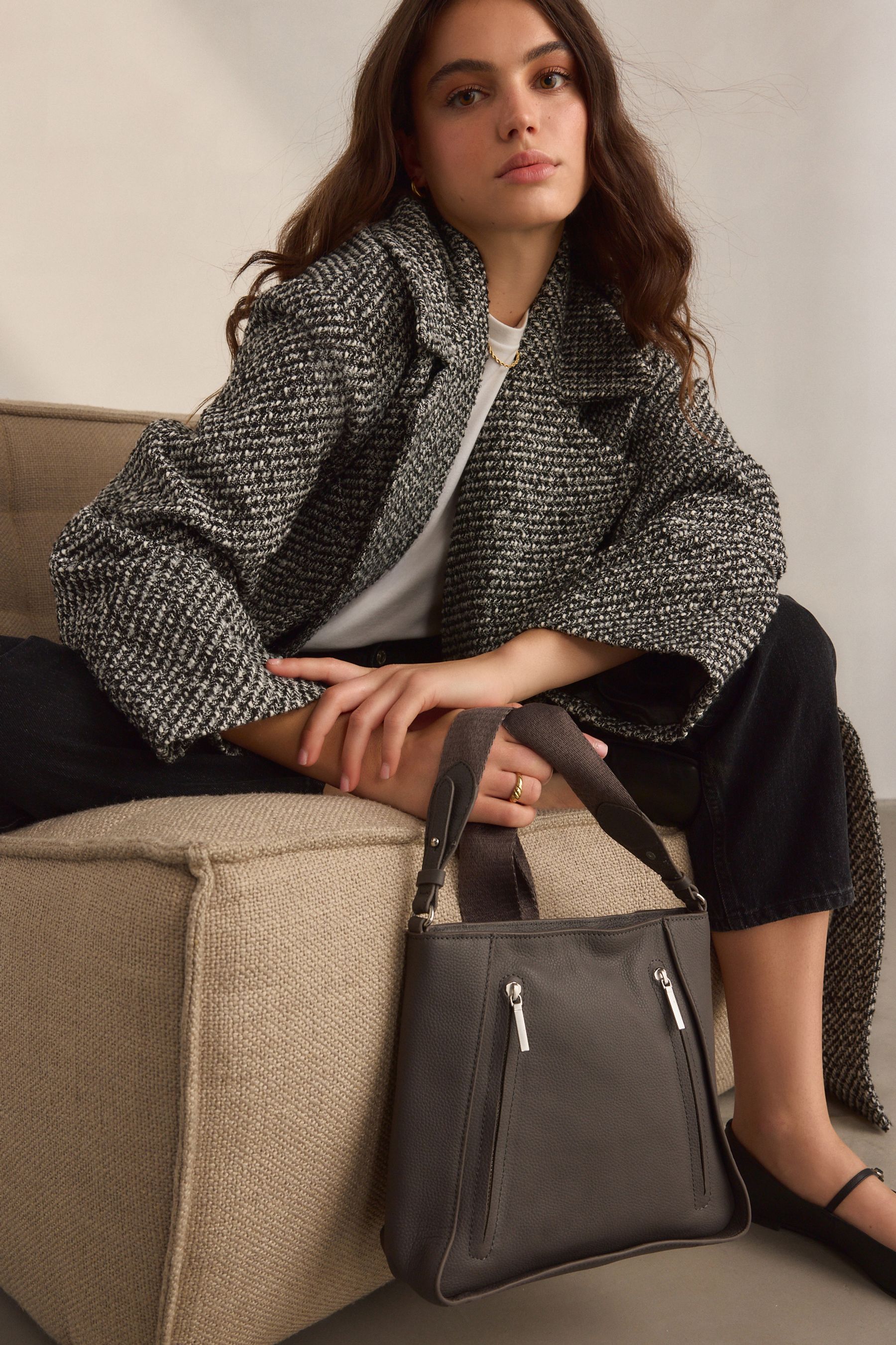 Grey Leather Front Zip Messenger Bag