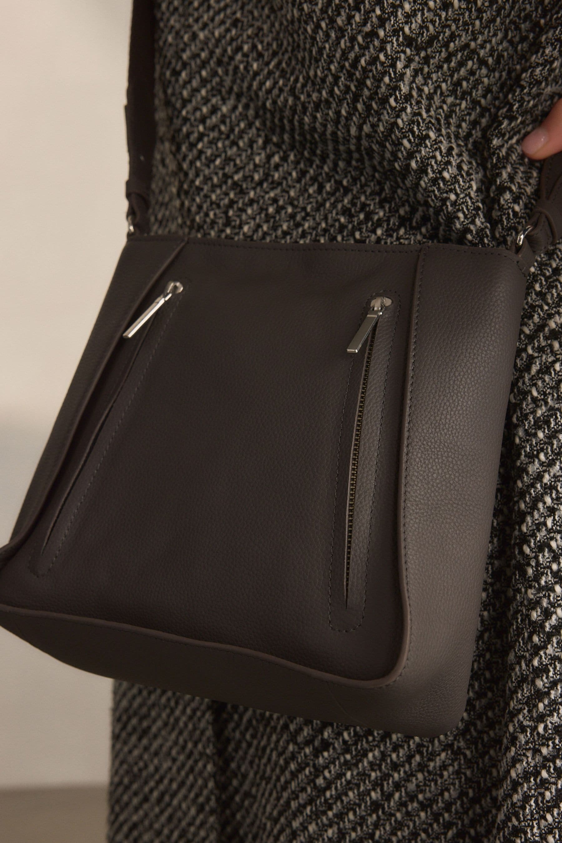 Buy Grey Leather Front Zip Messenger Bag from the Next UK online shop