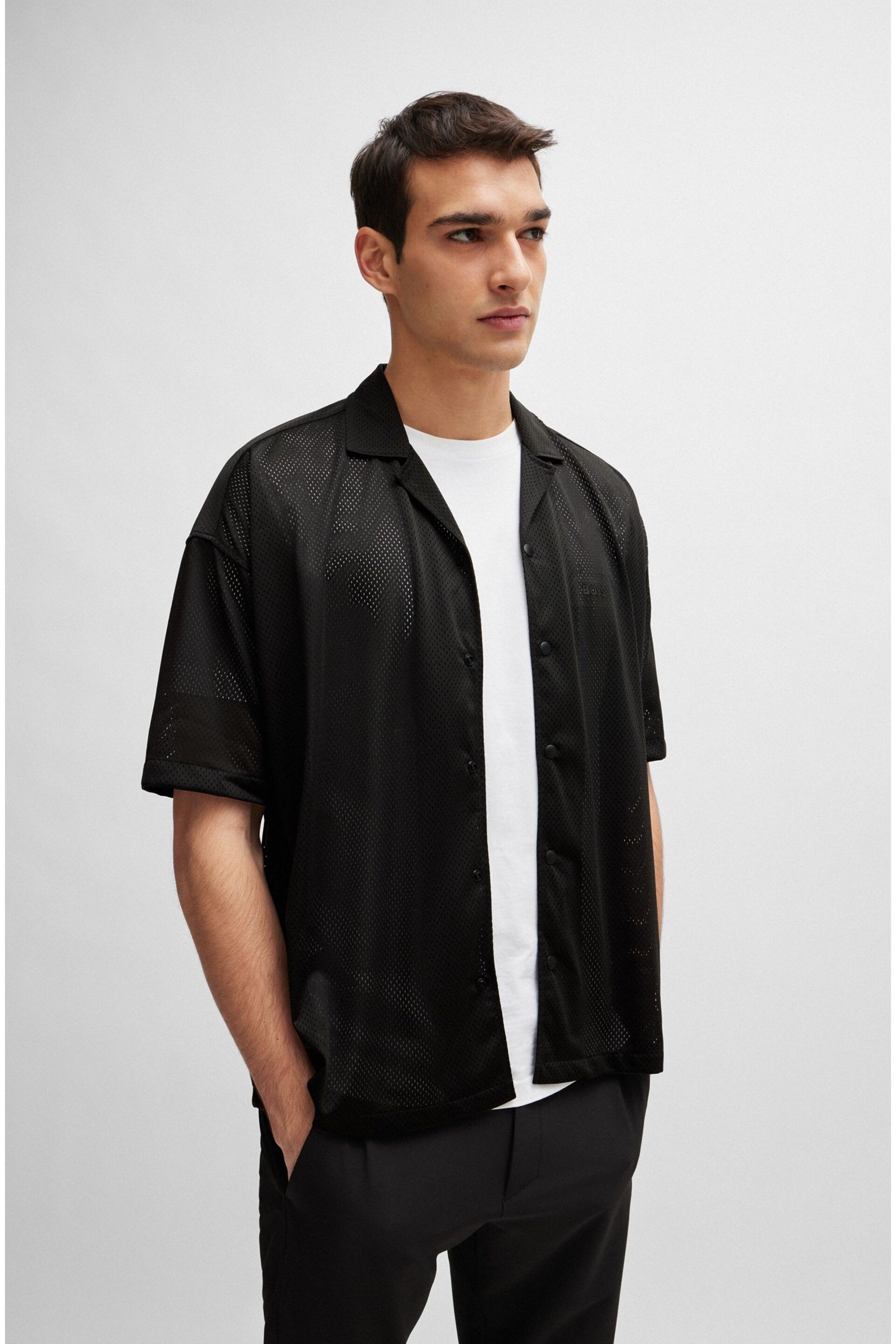 BOSS Black Relaxed-Fit Shirt in Jersey Mesh With Camp Collar - Image 1 of 6