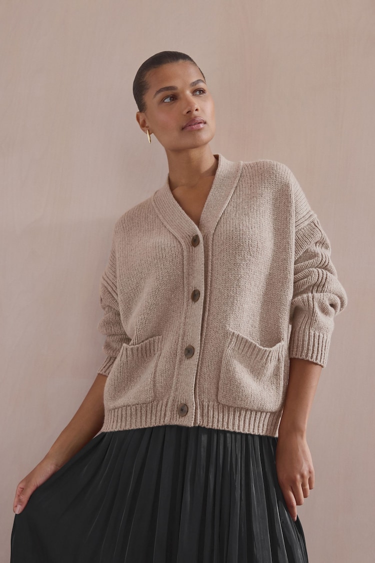 Neutral Soft Touch Pocket Front Button Knitted Cardigan - Image 2 of 9