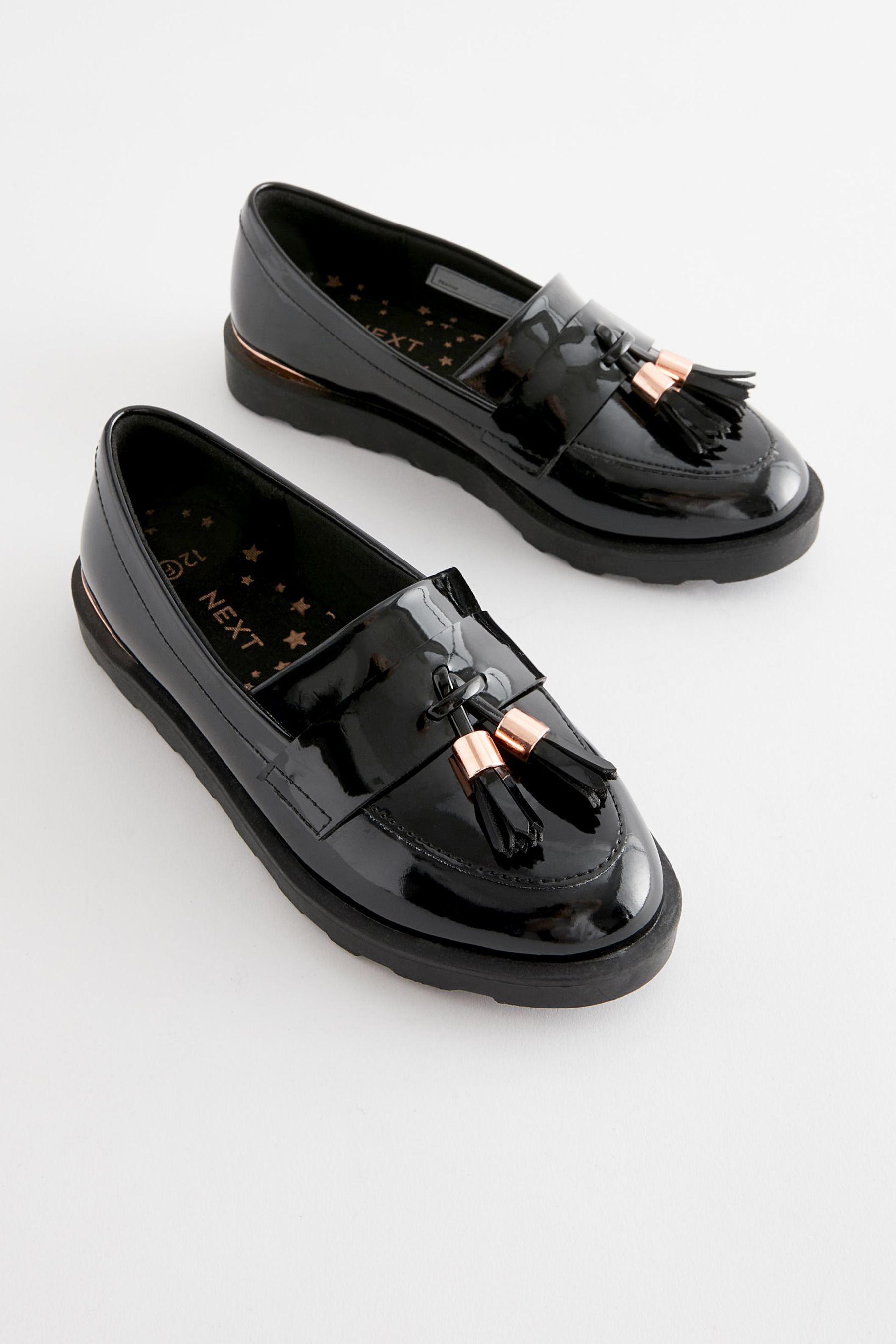 Buy Black Rose Gold Standard Fit F School Tassel Loafers from the Next UK online shop