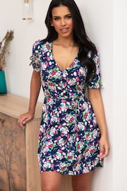 Pour Moi Navy Blue Multi Floral Bella Fuller Bust Slinky Stretch Tie Sleeve Mini Dress - Image 1 of 5