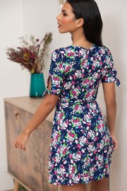 Pour Moi Navy Blue Multi Floral Bella Fuller Bust Slinky Stretch Tie Sleeve Mini Dress - Image 2 of 5