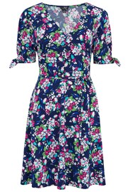 Pour Moi Navy Blue Multi Floral Bella Fuller Bust Slinky Stretch Tie Sleeve Mini Dress - Image 4 of 5