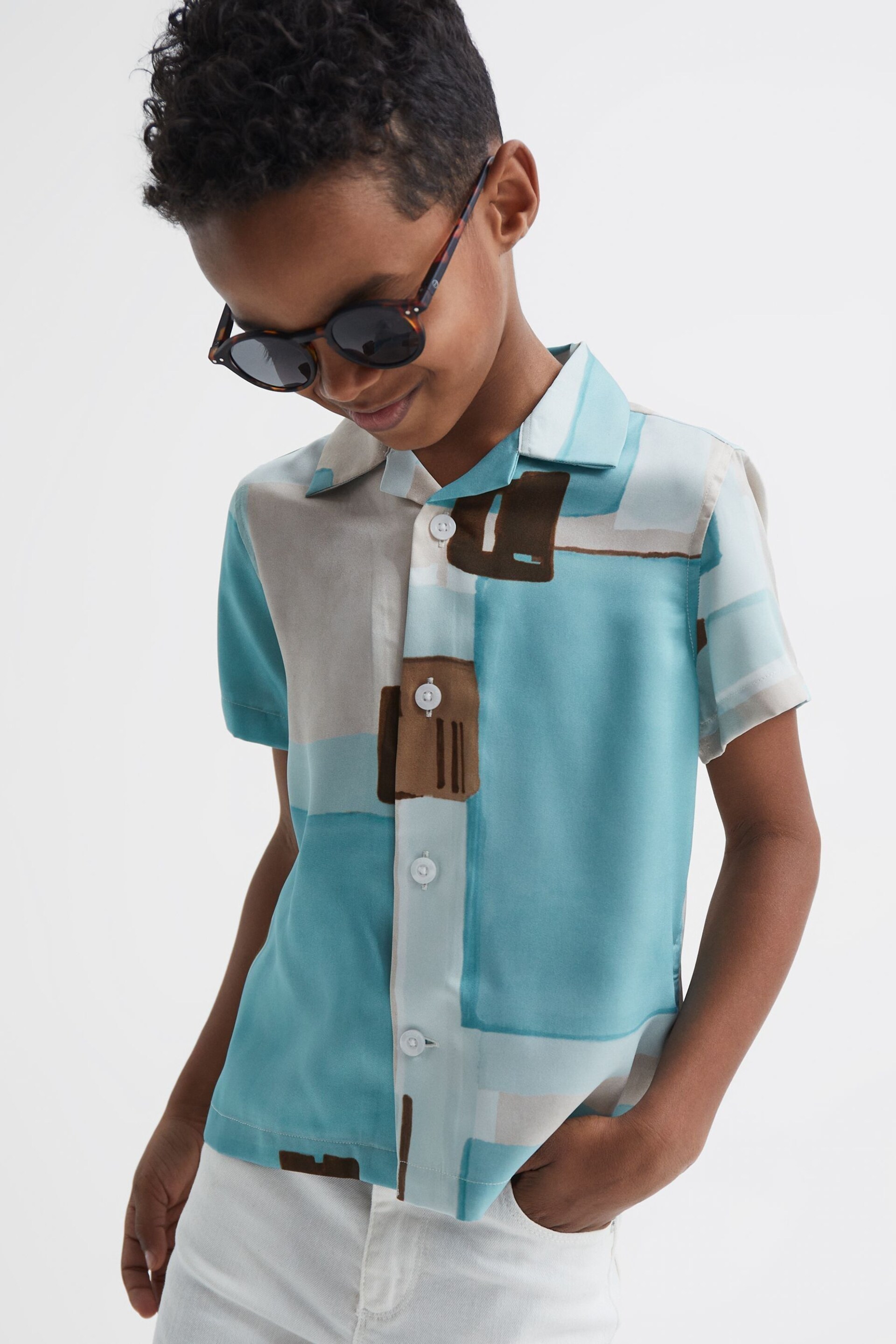 Reiss Teal Deekay Junior Slim Fit Cuban Collar Abstract Print Shirt - Image 1 of 6