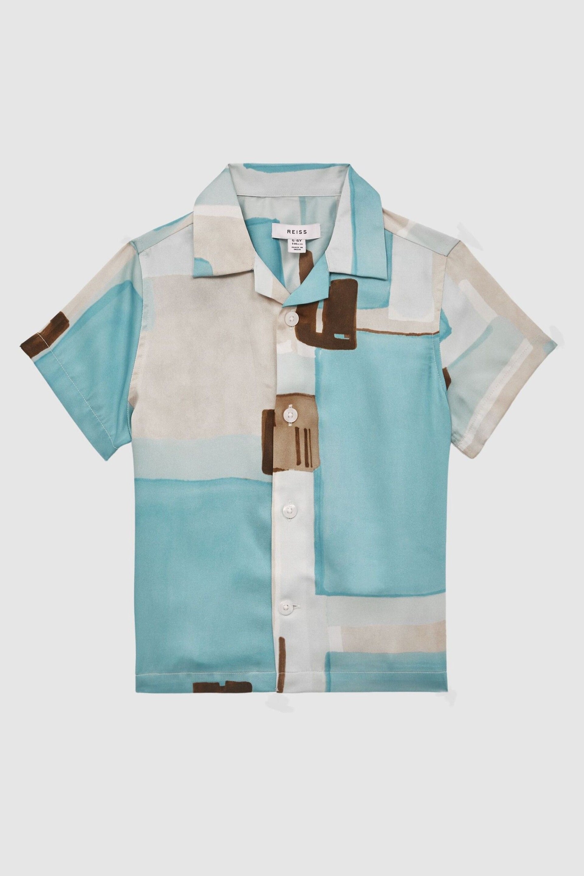 Reiss Teal Deekay Junior Slim Fit Cuban Collar Abstract Print Shirt - Image 2 of 6