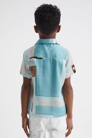 Reiss Teal Deekay Junior Slim Fit Cuban Collar Abstract Print Shirt - Image 5 of 6