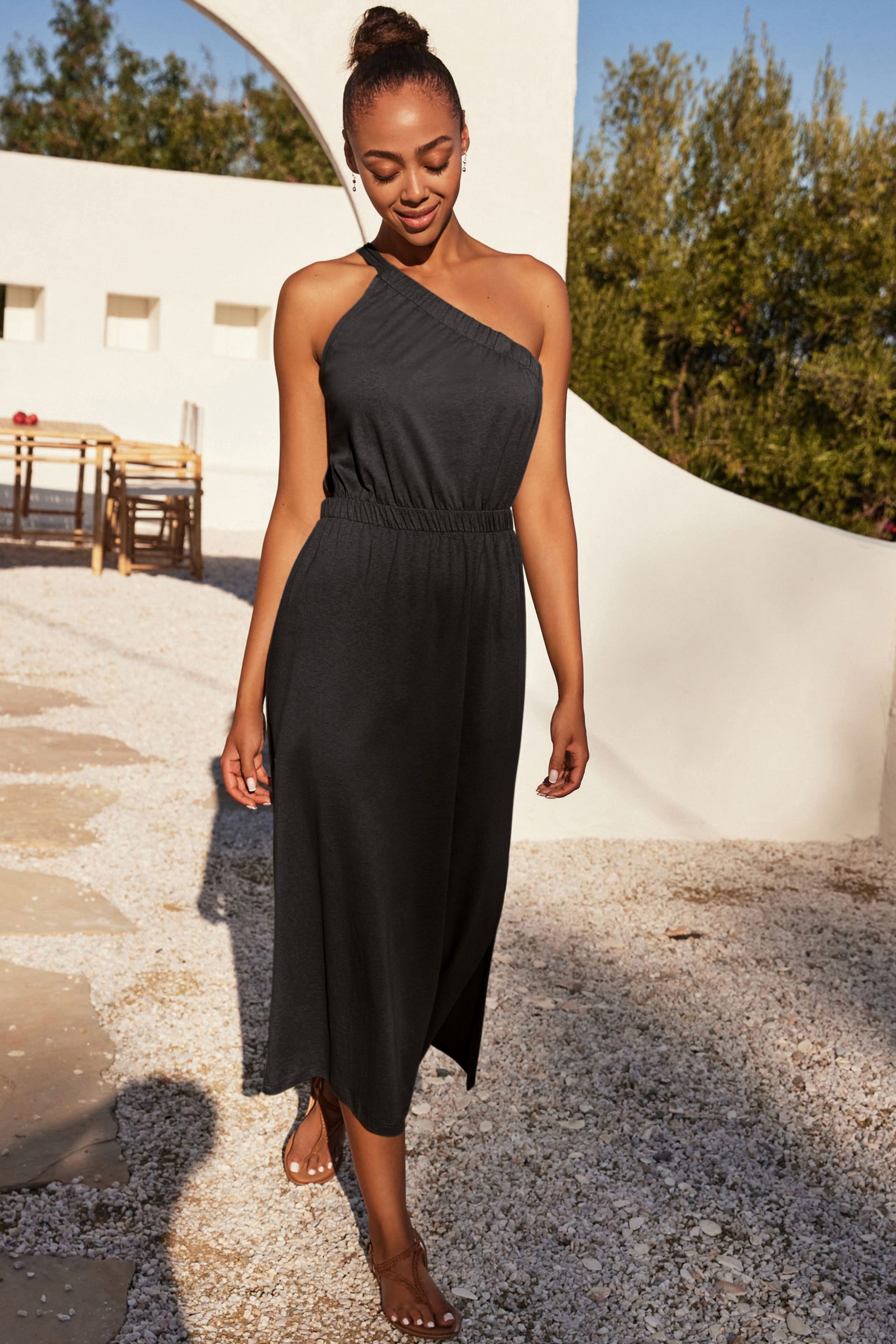 Black One Shoulder Split Hem Cotton Midi Summer Dress - Image 2 of 5