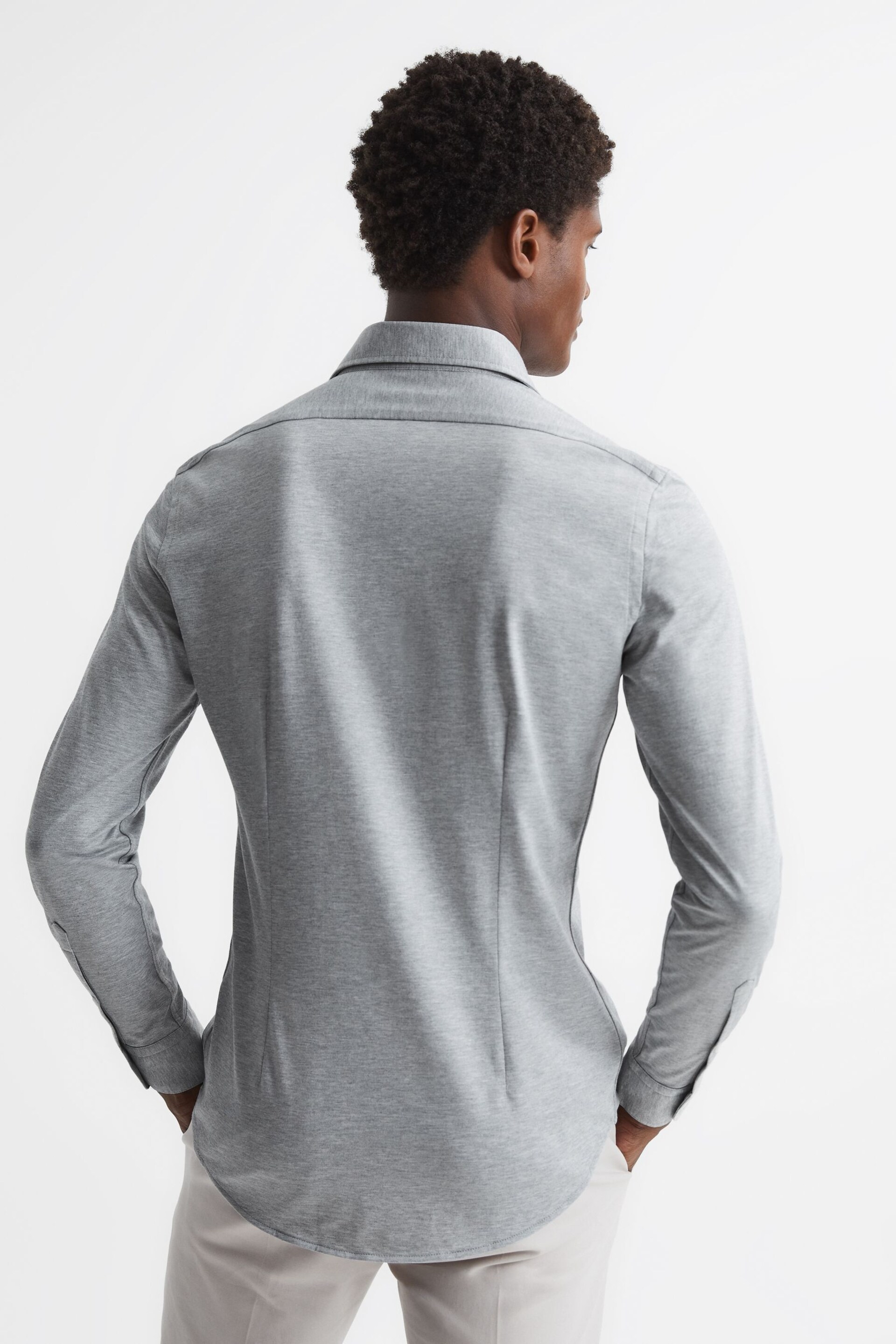 Reiss Grey Melange Nate Cutaway Collar Jersey Slim Fit Shirt - Image 5 of 6