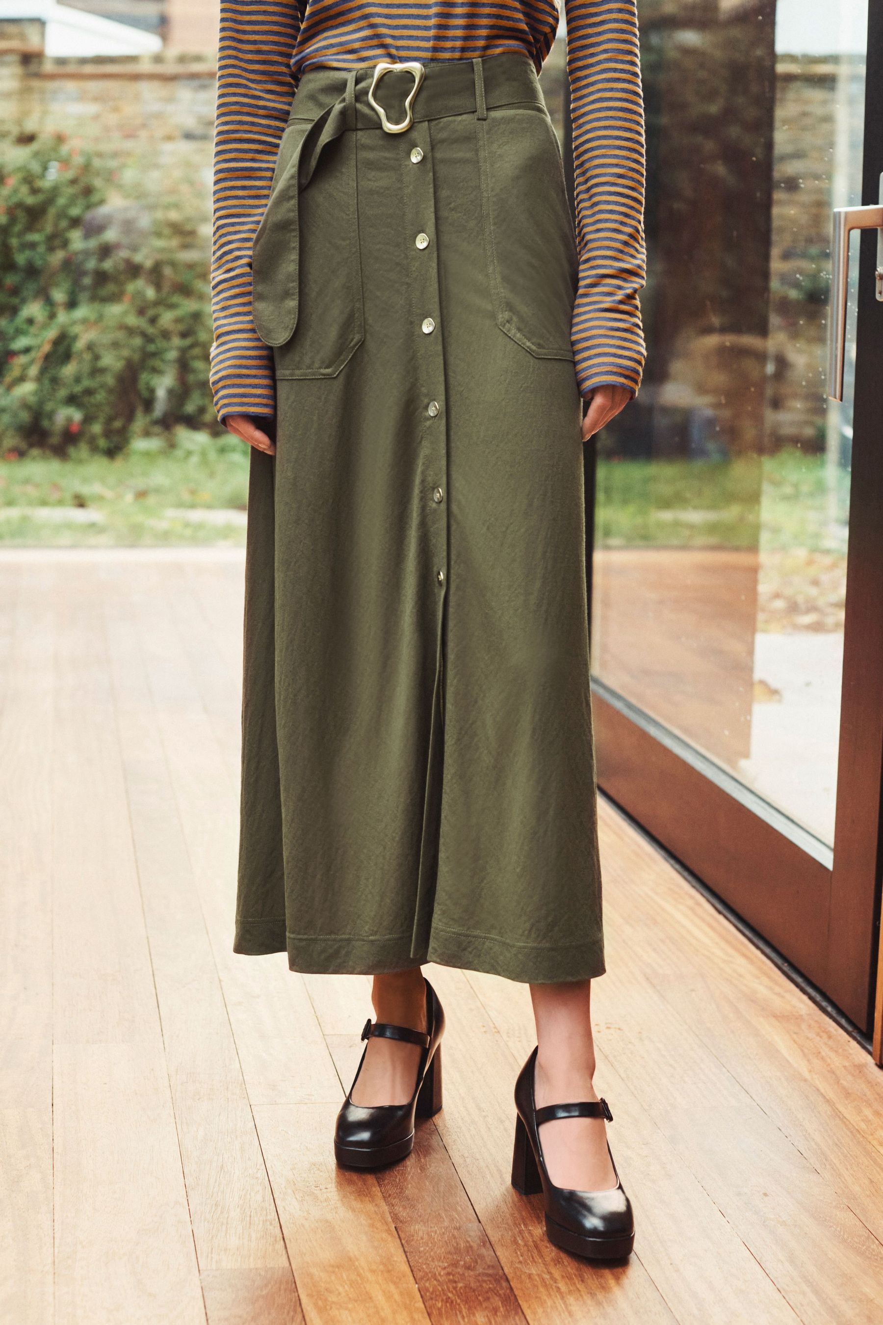 Buy Khaki Green Belted Button Front Midi Skirt from Next Luxembourg