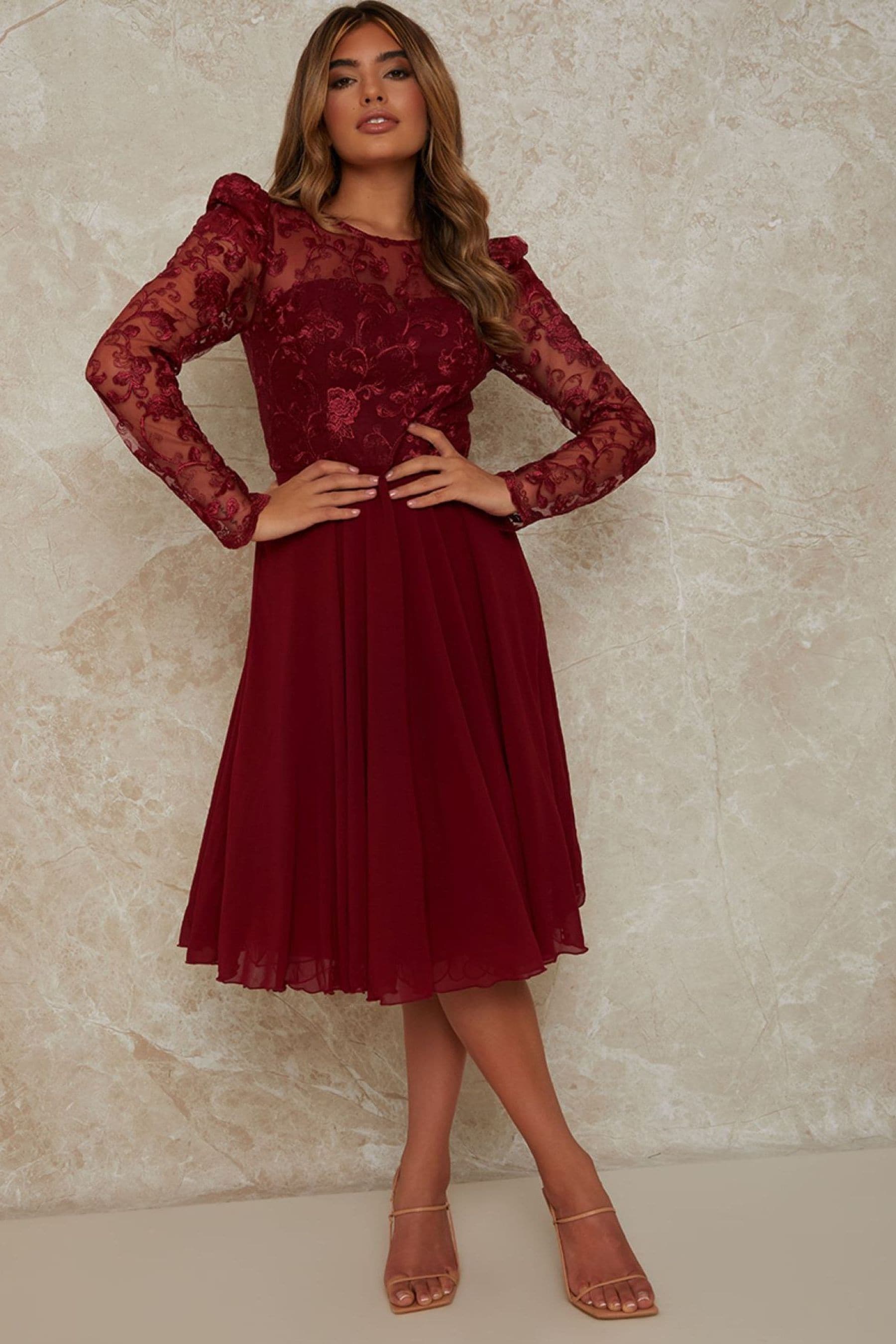 Buy Chi Chi London Red Embroidered Bodice Fit And Flare Dress from Next Luxembourg