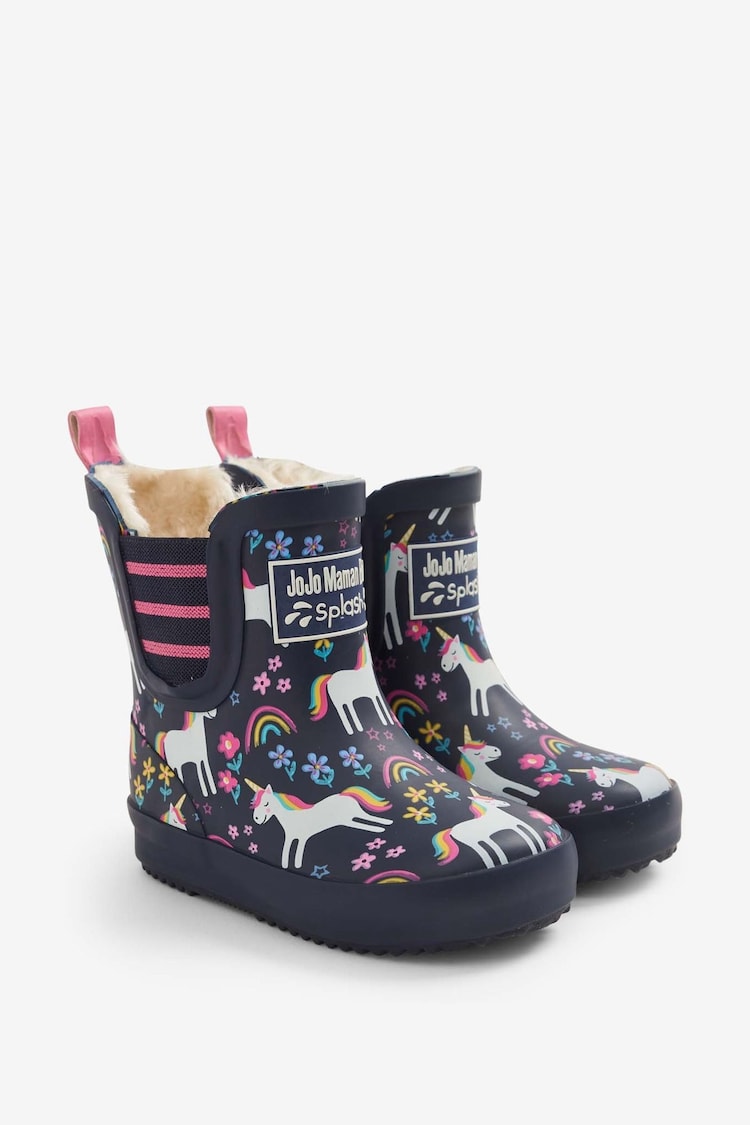 JoJo Maman Bébé Navy Blue Unicorn Cosy Lined Ankle Wellies - Image 1 of 3