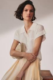 Ecru White Linen Short Sleeve Polo Neck Top - Image 1 of 7