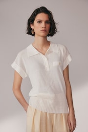 Ecru White Linen Short Sleeve Polo Neck Top - Image 3 of 7