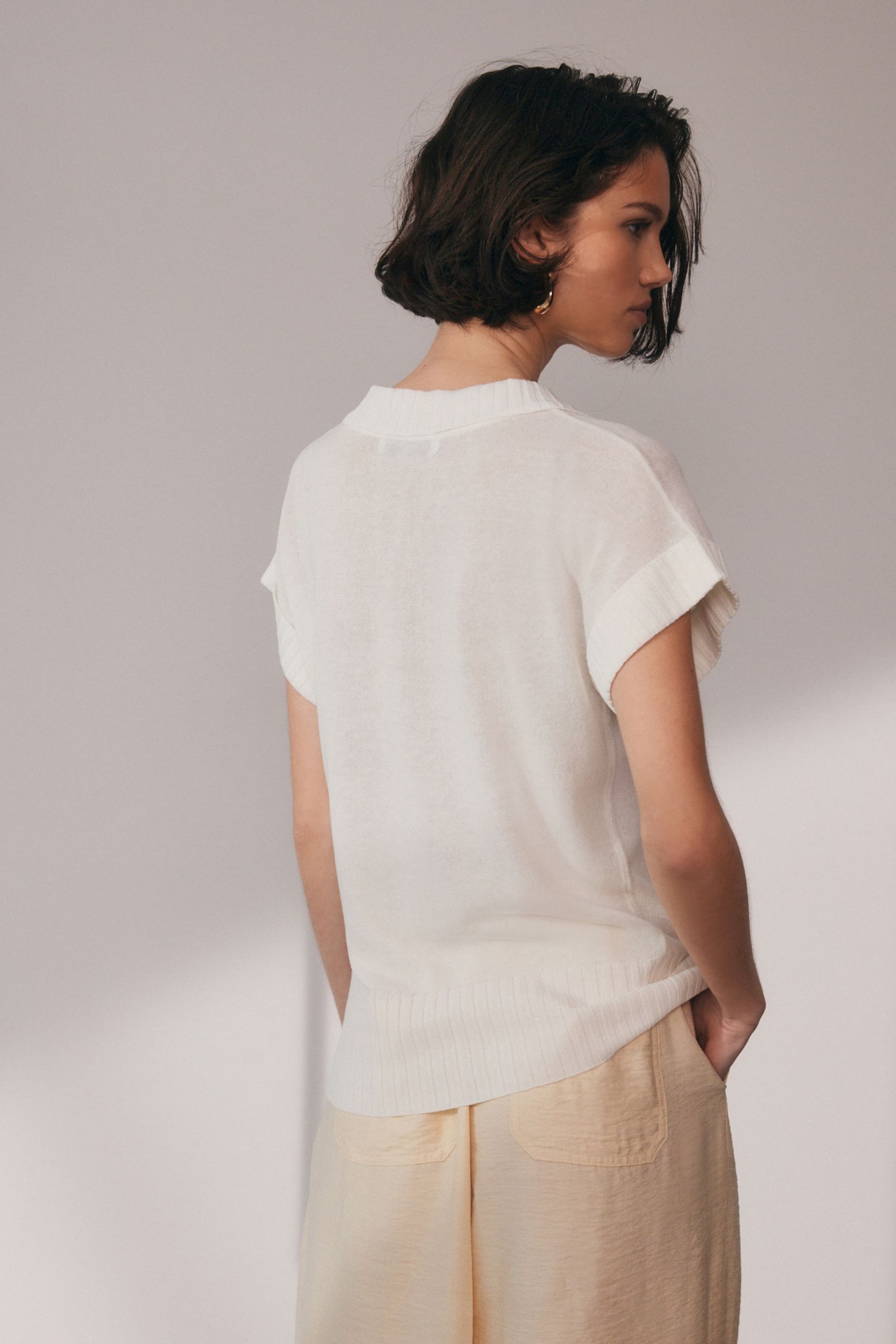 Ecru White Linen Short Sleeve Polo Neck Top - Image 4 of 7