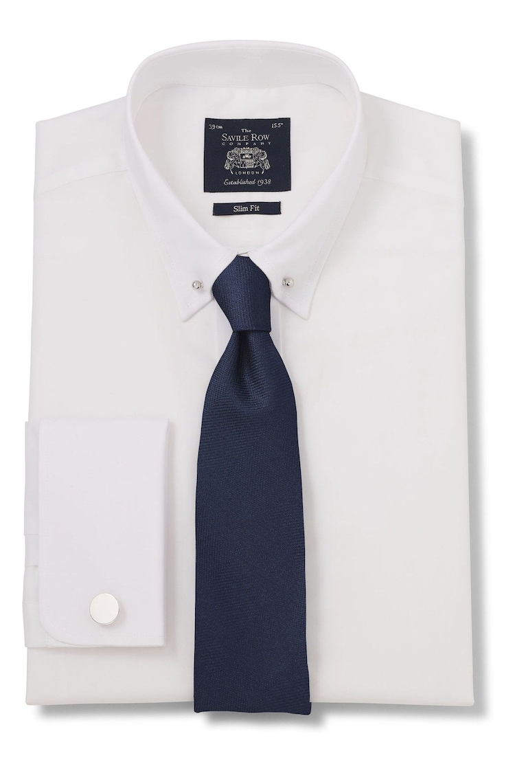 Savile Row Co Slim Fit 100% Cotton Pin Collar Double Cuff White Shirt - Image 2 of 5