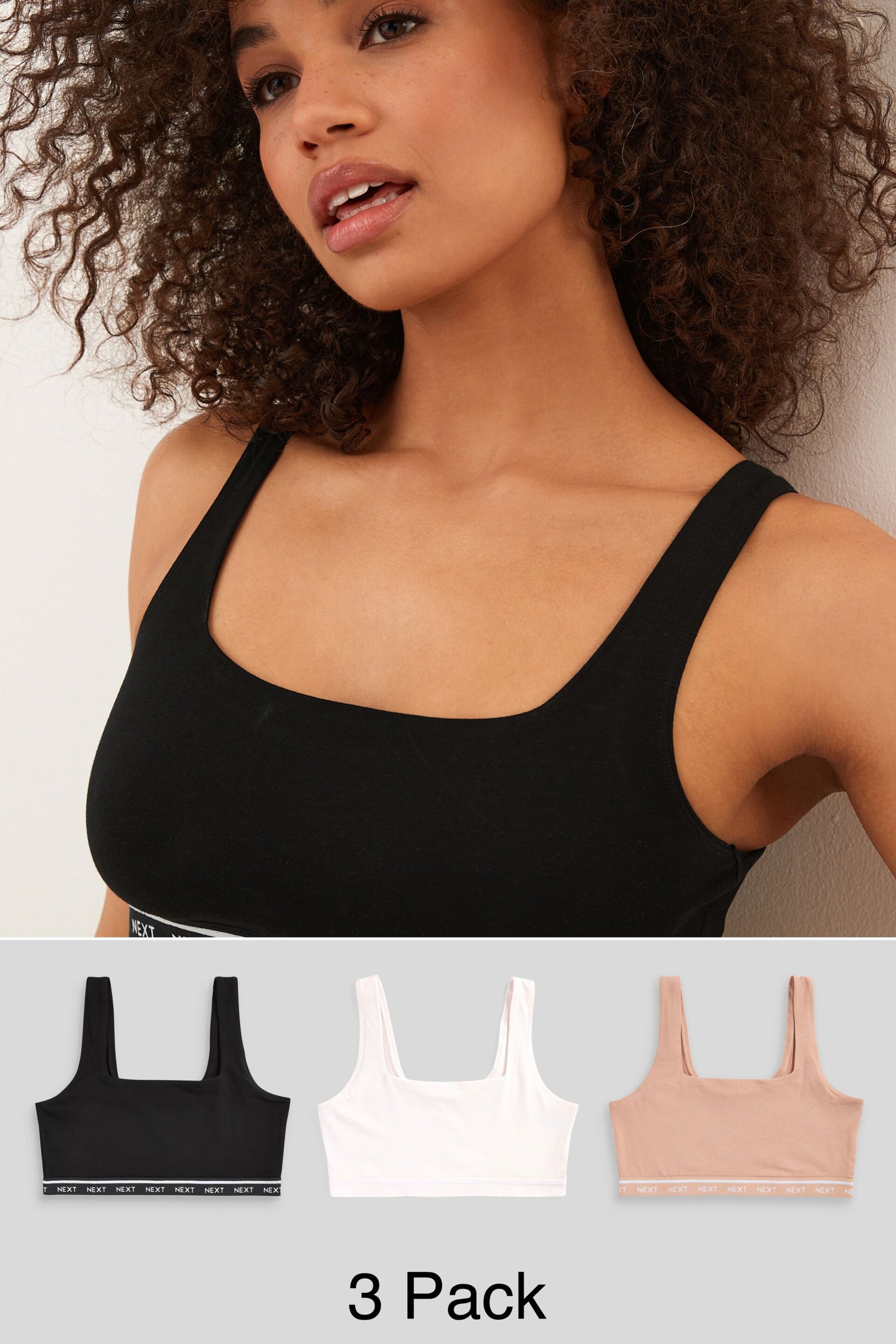 Black/Nude/Cream Cotton Crop Top 3 Pack - Image 1 of 10