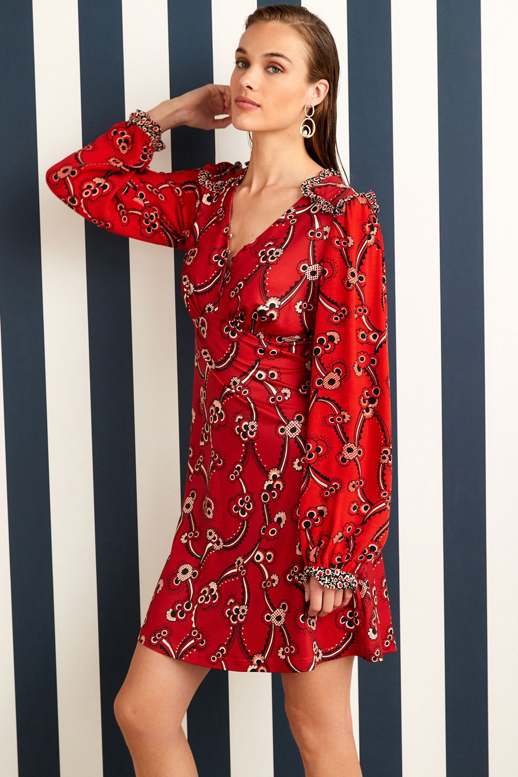 Buy Celia Birtwell Red Mystic Daisy Long Sleeves Ruffle Trim Mini Dress from Next Luxembourg