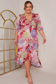 Chi Chi London Pink Curve Tie Front Floral Print Midi Dress - Image 1 of 4