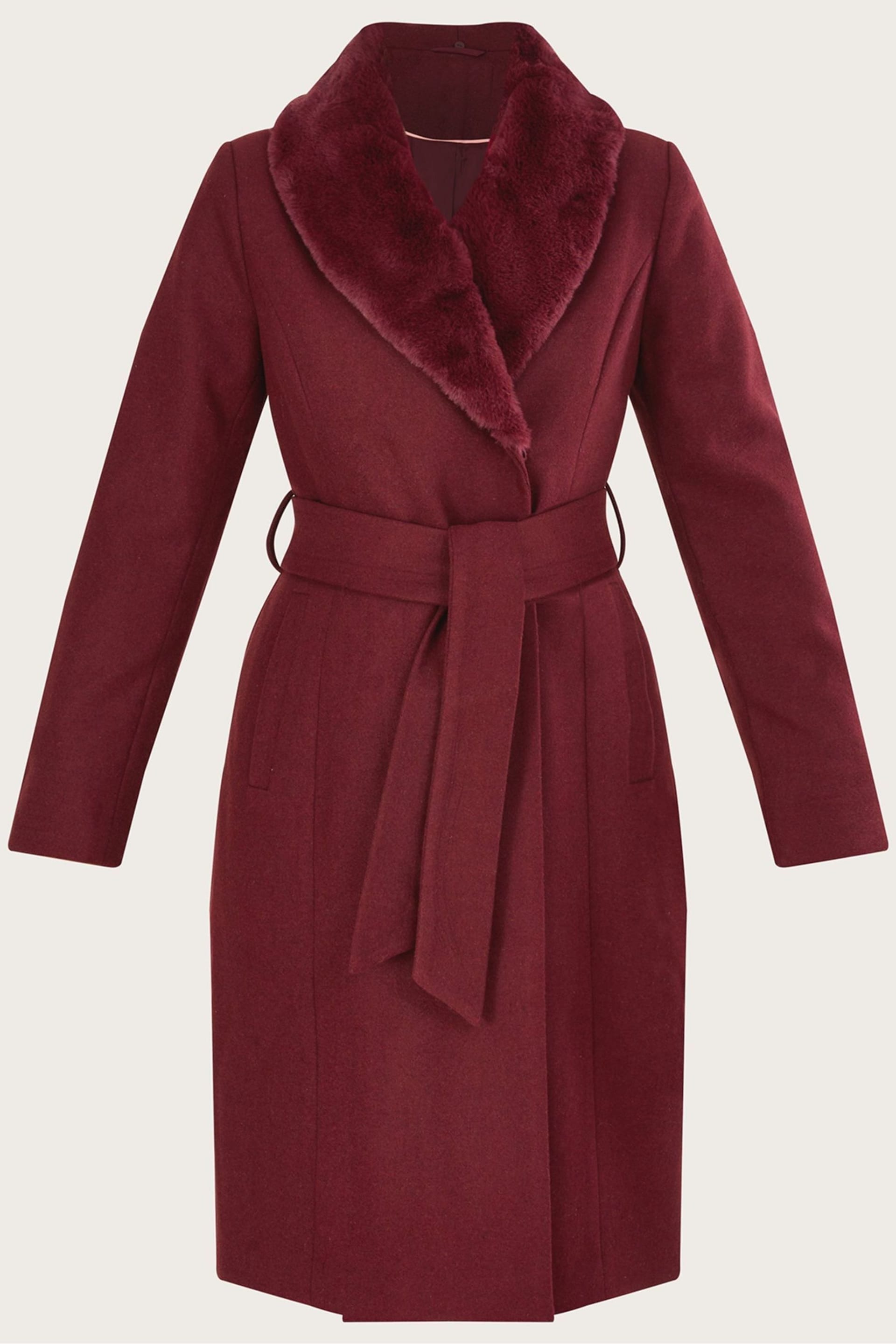 Monsoon Red Rufus Faux Fur Collar Belted Coat - Image 1 of 3