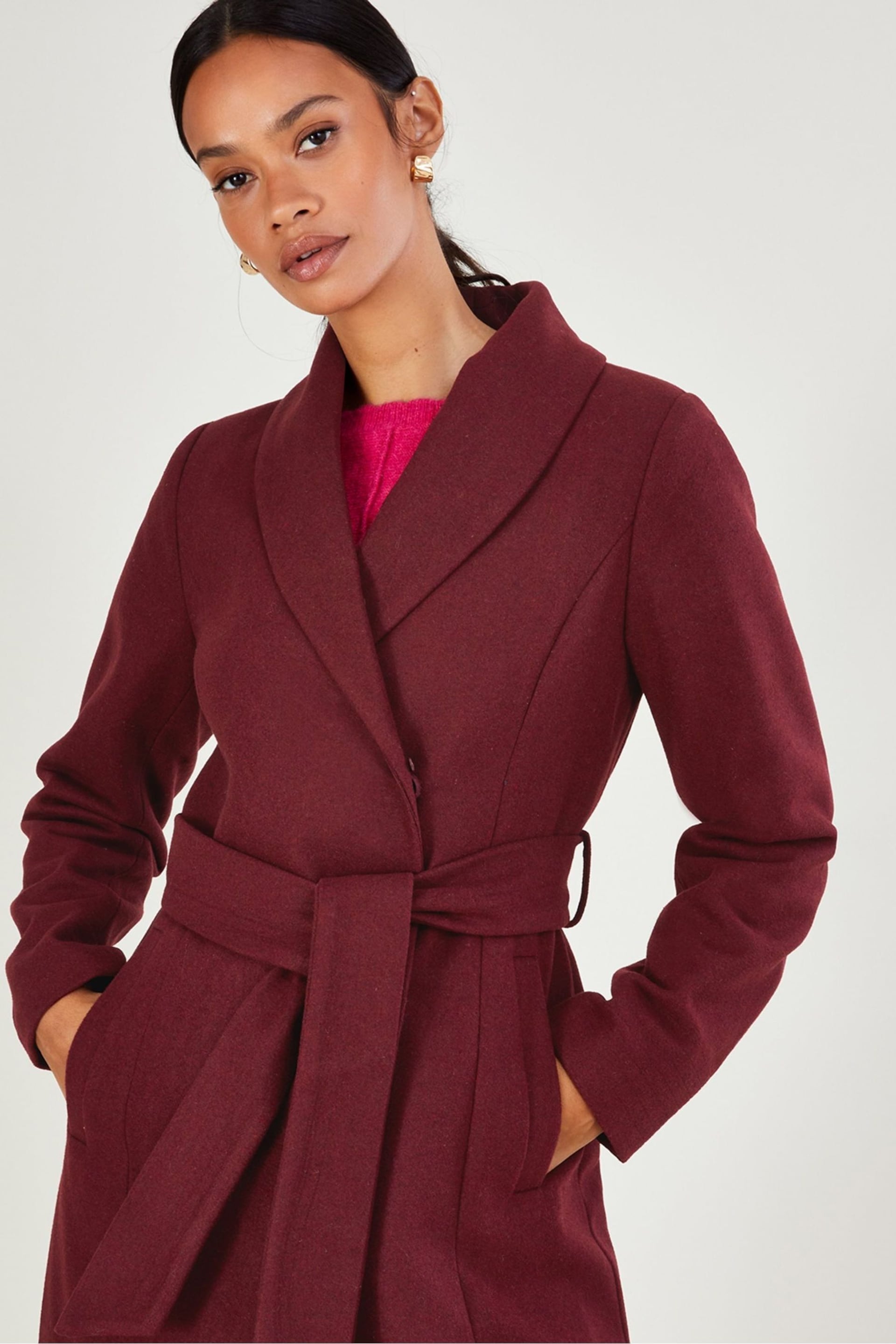 Monsoon Red Rufus Faux Fur Collar Belted Coat - Image 3 of 3