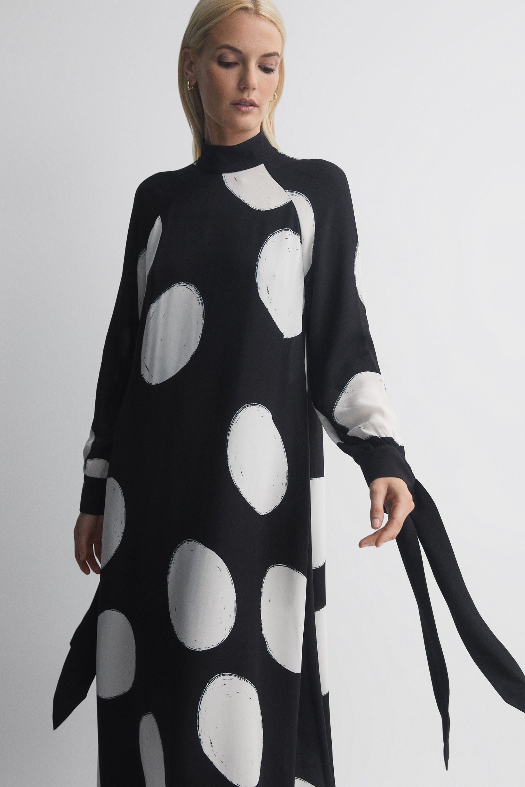 Long sleeve black and white polka dot dress clearance