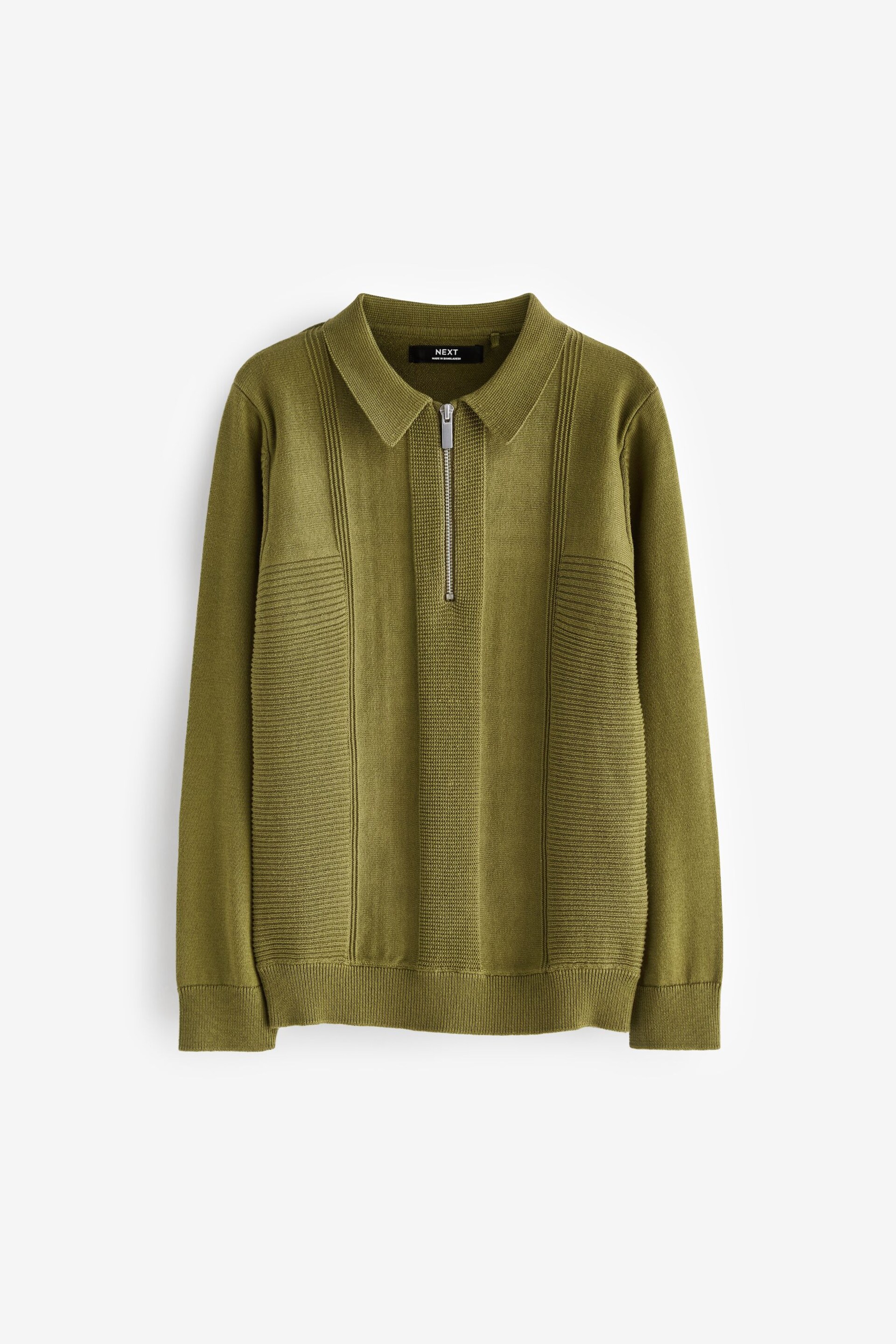 Khaki Green Textured Knit Zip Neck Long Sleeve Polo Shirt (3-16yrs) - Image 1 of 2