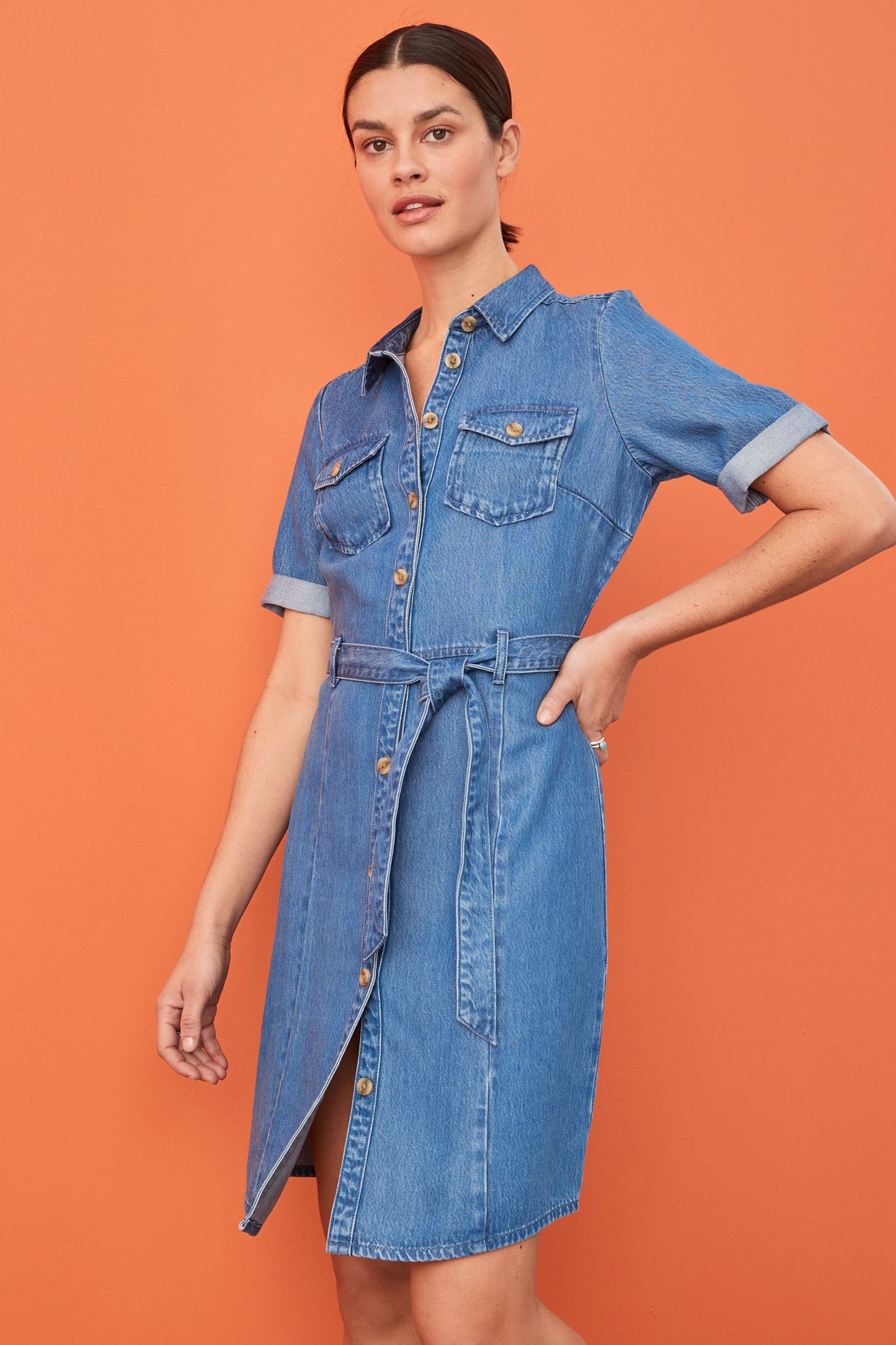 Buy Mid Blue Utility Detail TENCEL Tie Waist Mini Dress from Next Luxembourg