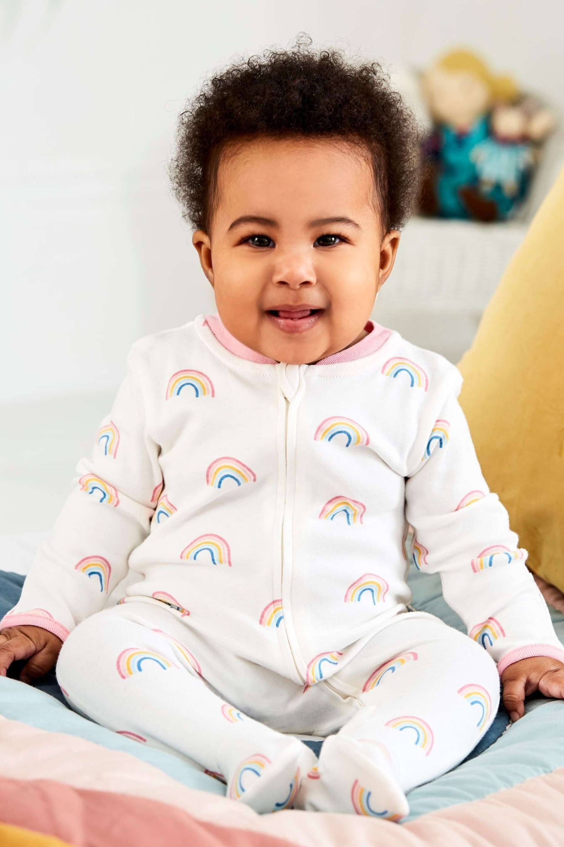 JoJo Maman Bébé Cream Rainbow Print Zip Baby Sleepsuit - Image 3 of 6