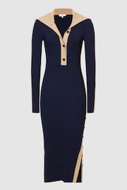 Reiss Navy/Camel Nikola Knitted Bodycon Midi Dress - Image 2 of 7