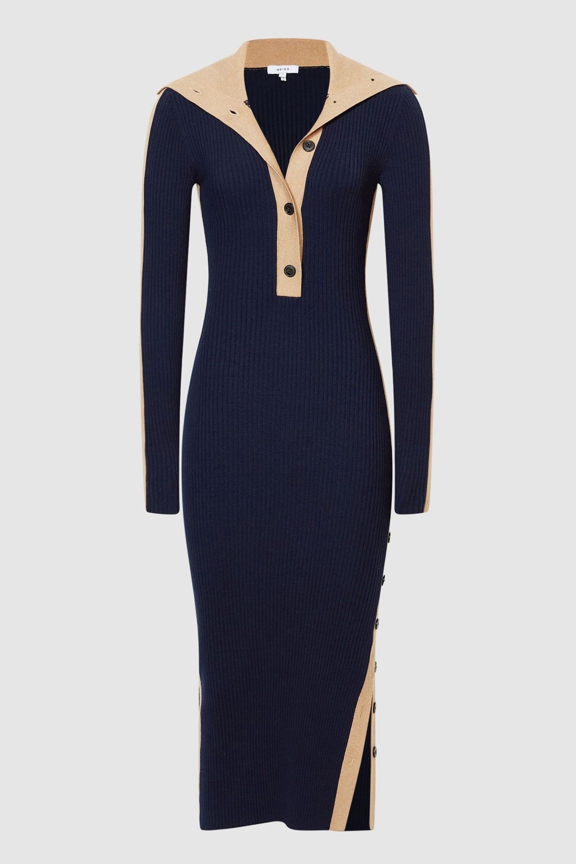 Reiss Navy/Camel Nikola Knitted Bodycon Midi Dress - Image 2 of 7