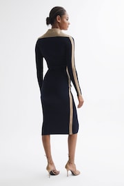 Reiss Navy/Camel Nikola Knitted Bodycon Midi Dress - Image 5 of 7