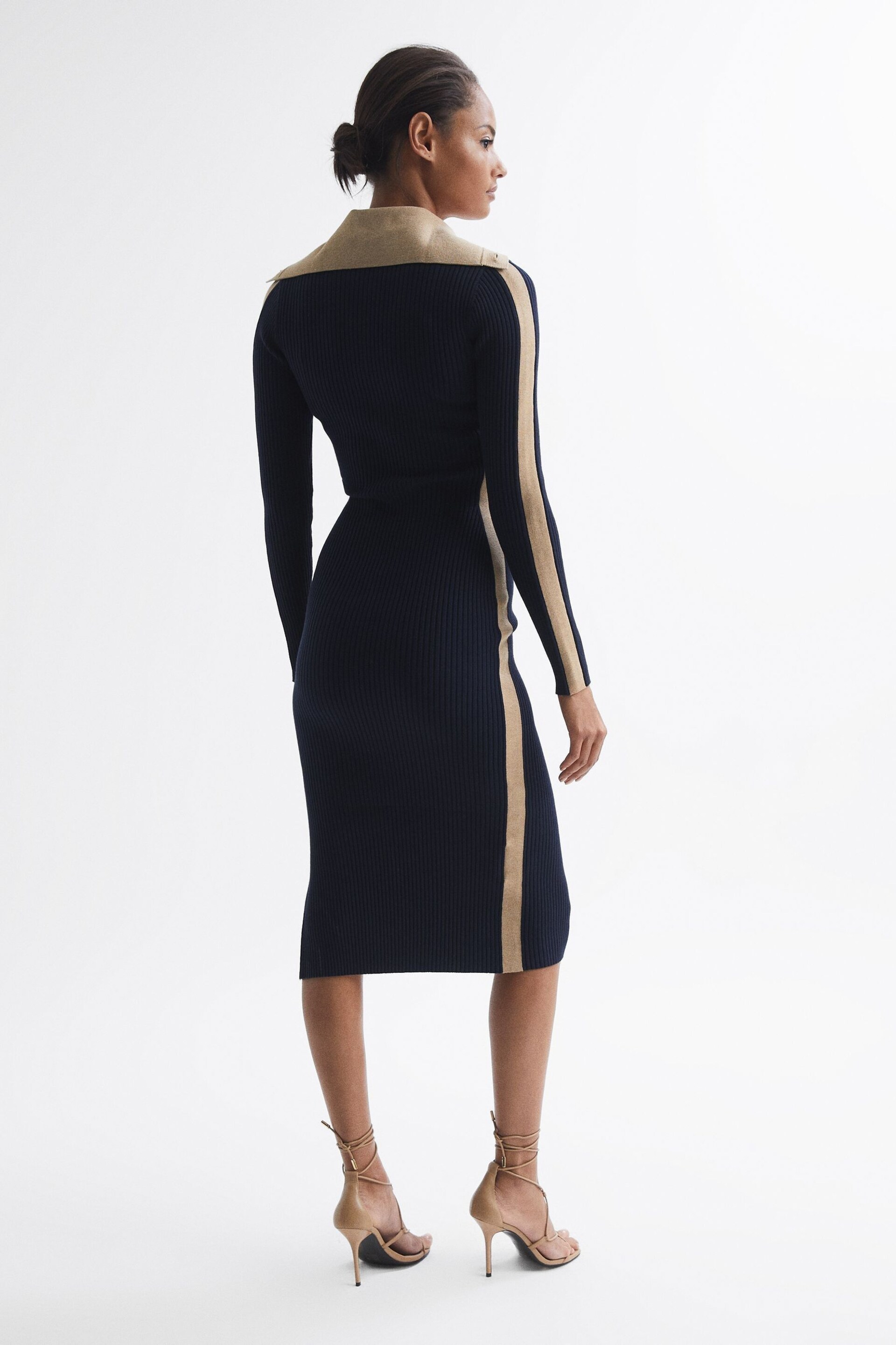 Reiss Navy/Camel Nikola Knitted Bodycon Midi Dress - Image 5 of 7