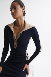 Reiss Navy/Camel Nikola Knitted Bodycon Midi Dress - Image 6 of 7