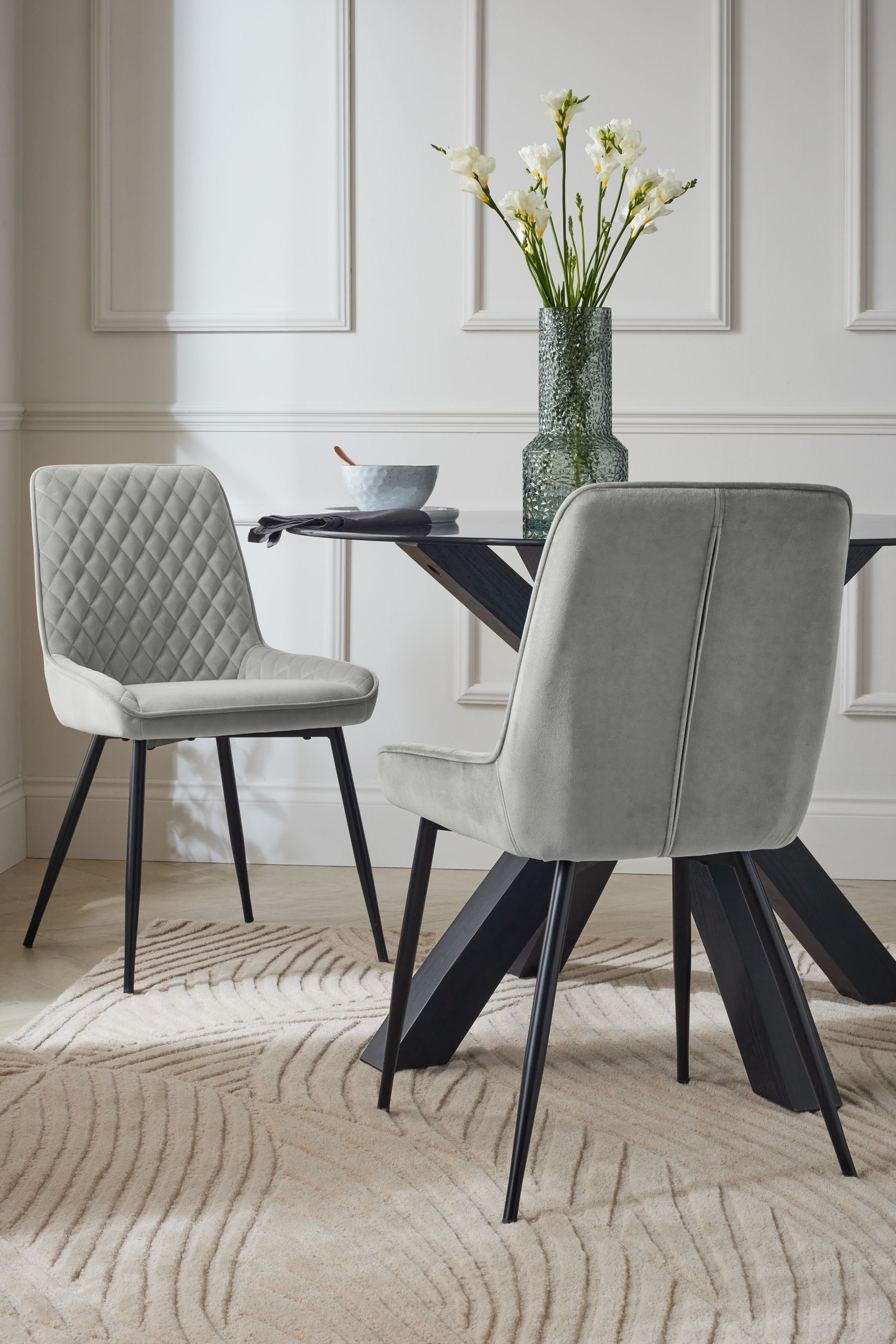 Buy Set of 2 Soft Velvet Mid Grey Black Hamilton Black Leg Quilted Dining Chairs from the Next UK online shop
