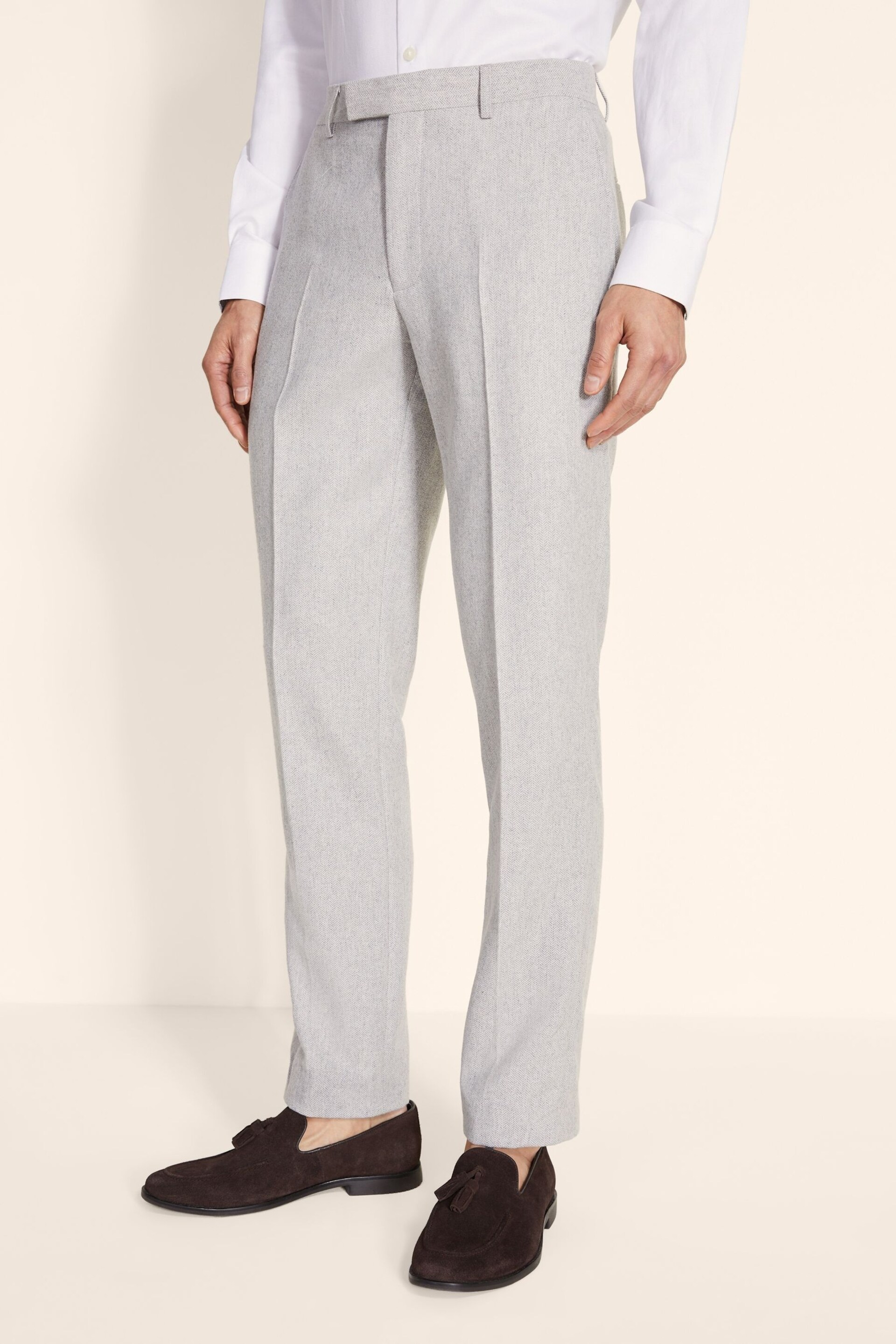 MOSS Grey Tailored Fit Light Herringbone Trousers - Image 1 of 3