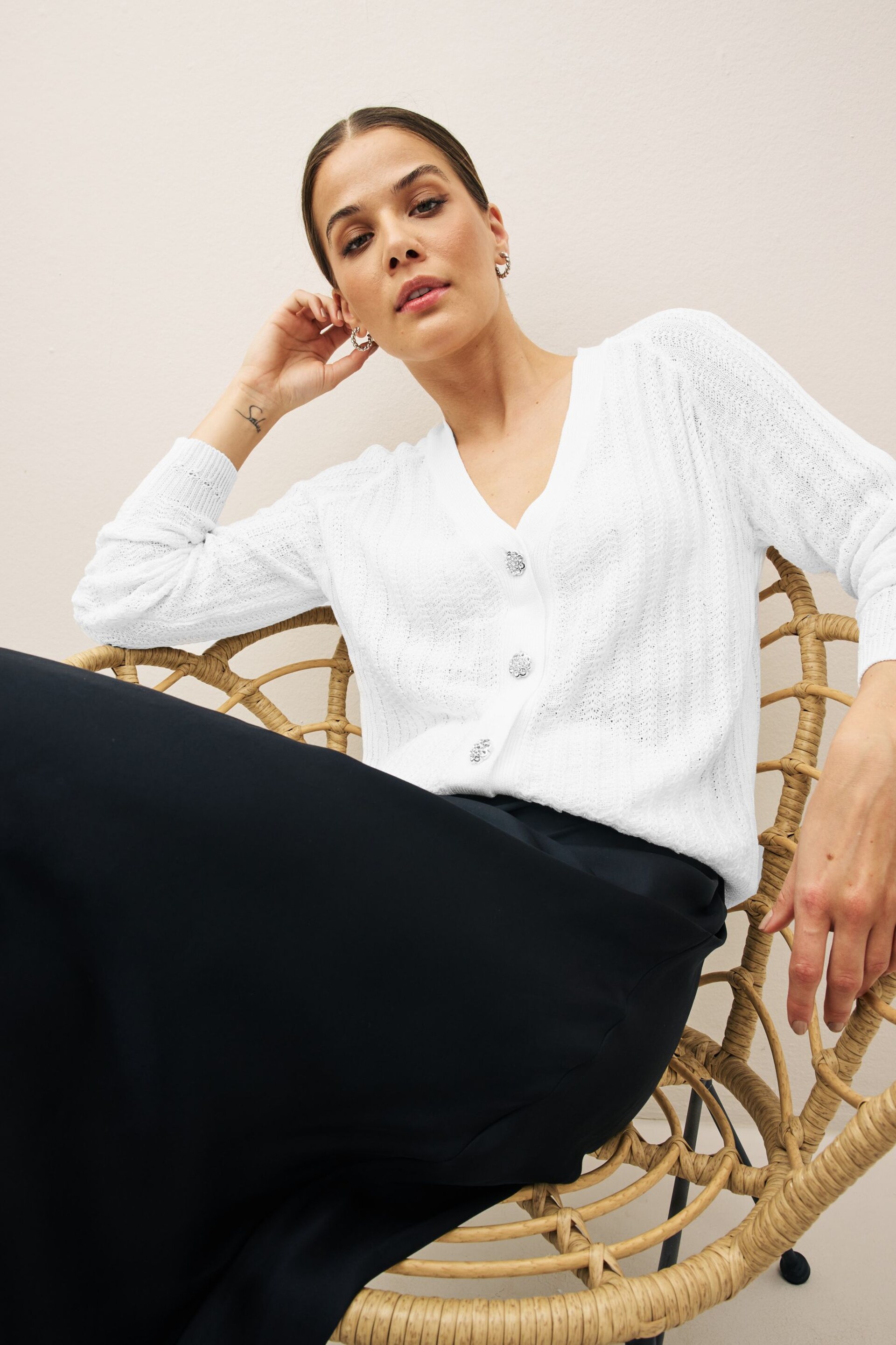 White Gem Button Up Linen Cardigan - Image 1 of 4