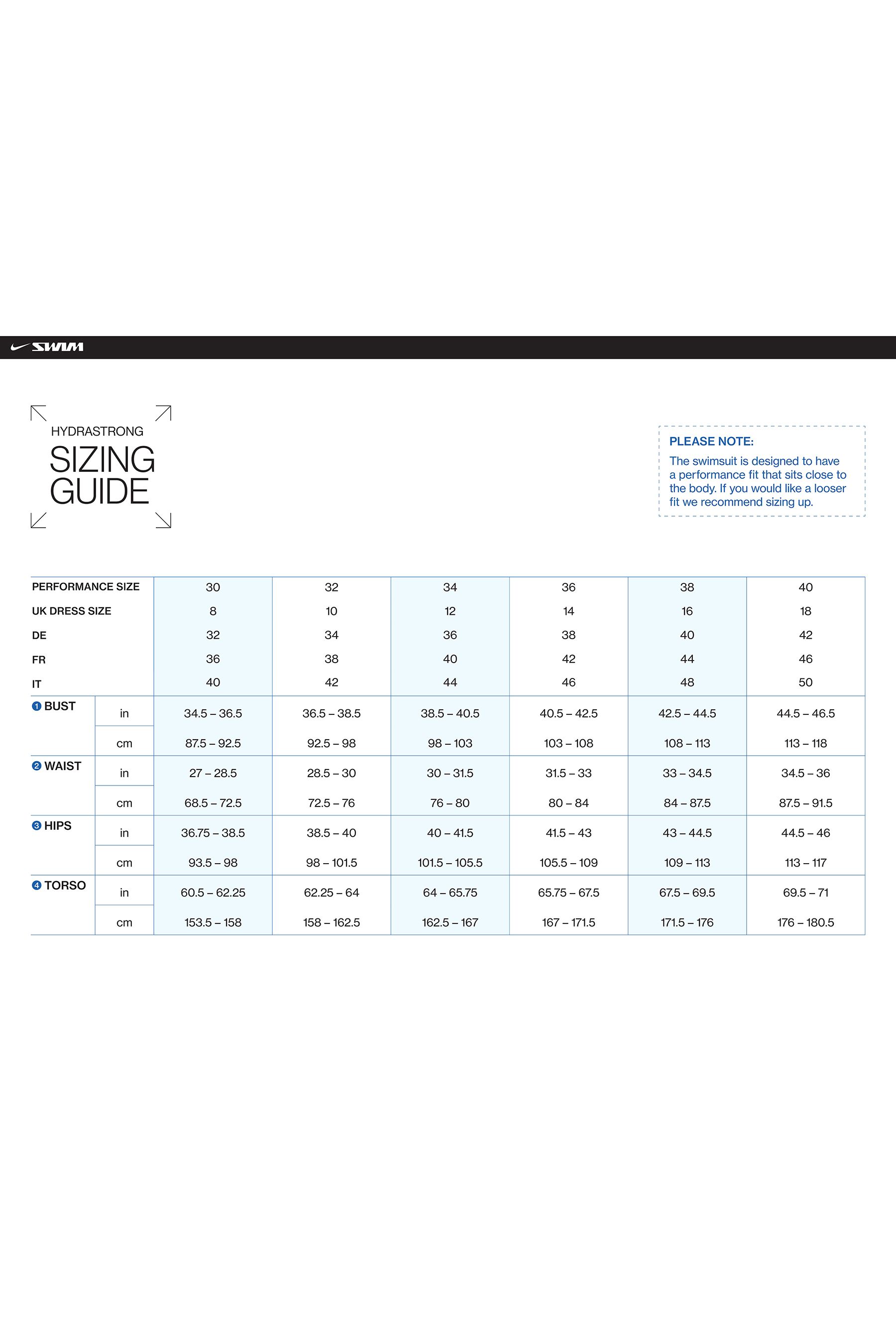 Nike women's swim size chart sales