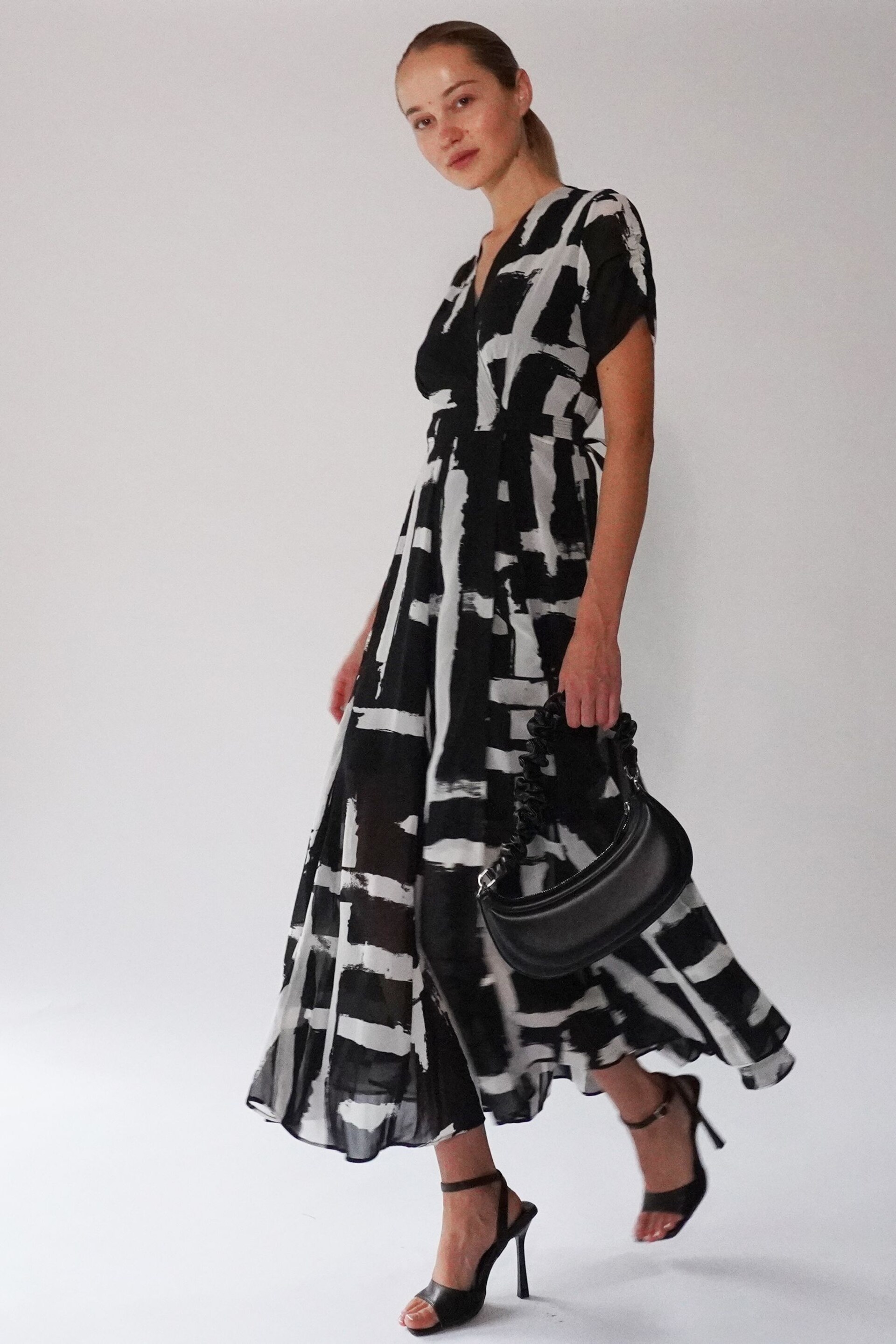 Religion Black White Wrap Dress With Full Skirt - Image 1 of 6