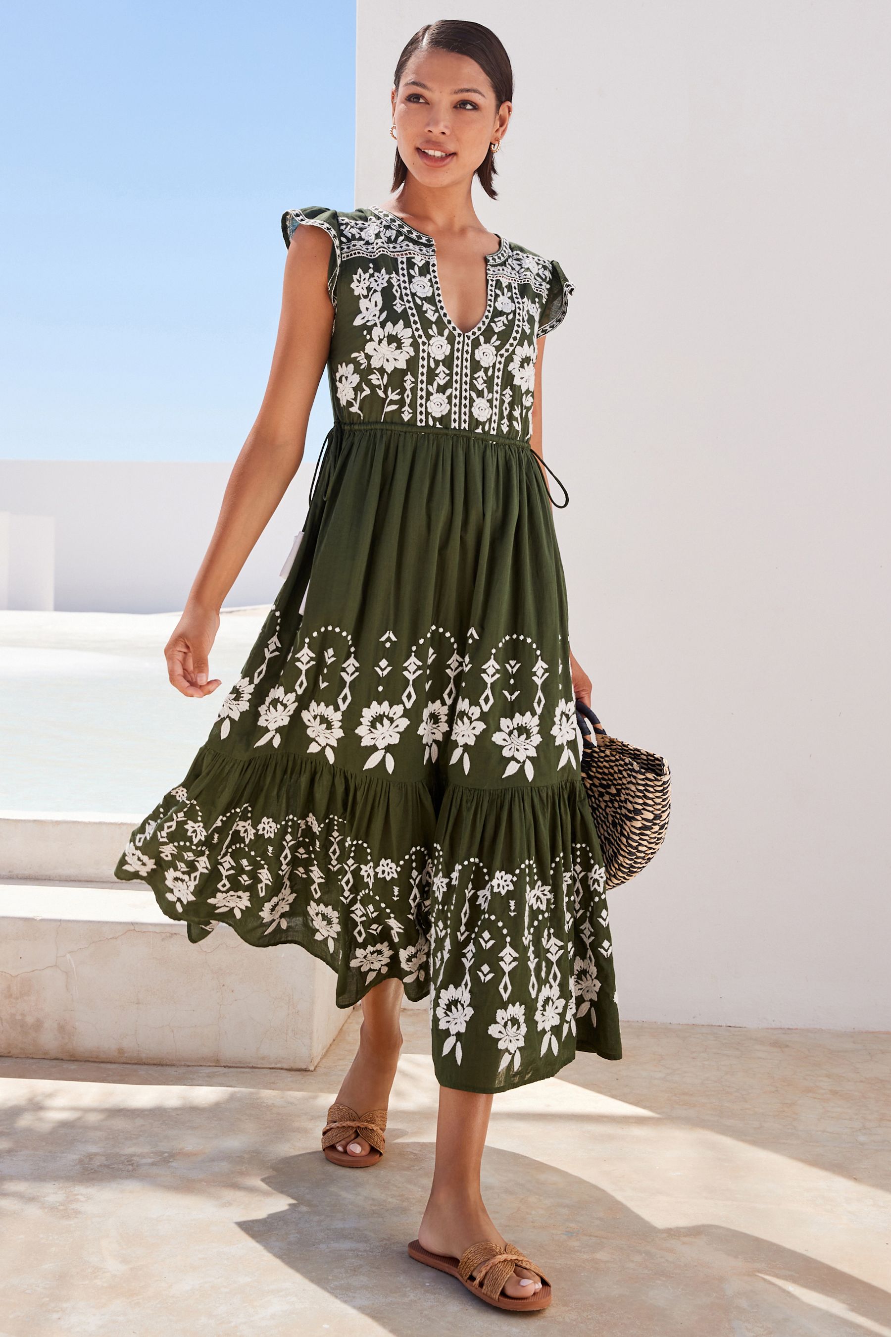 Buy Khaki Green Embroidered Cotton V Neck Tiered Midi Summer Dress from Next Luxembourg