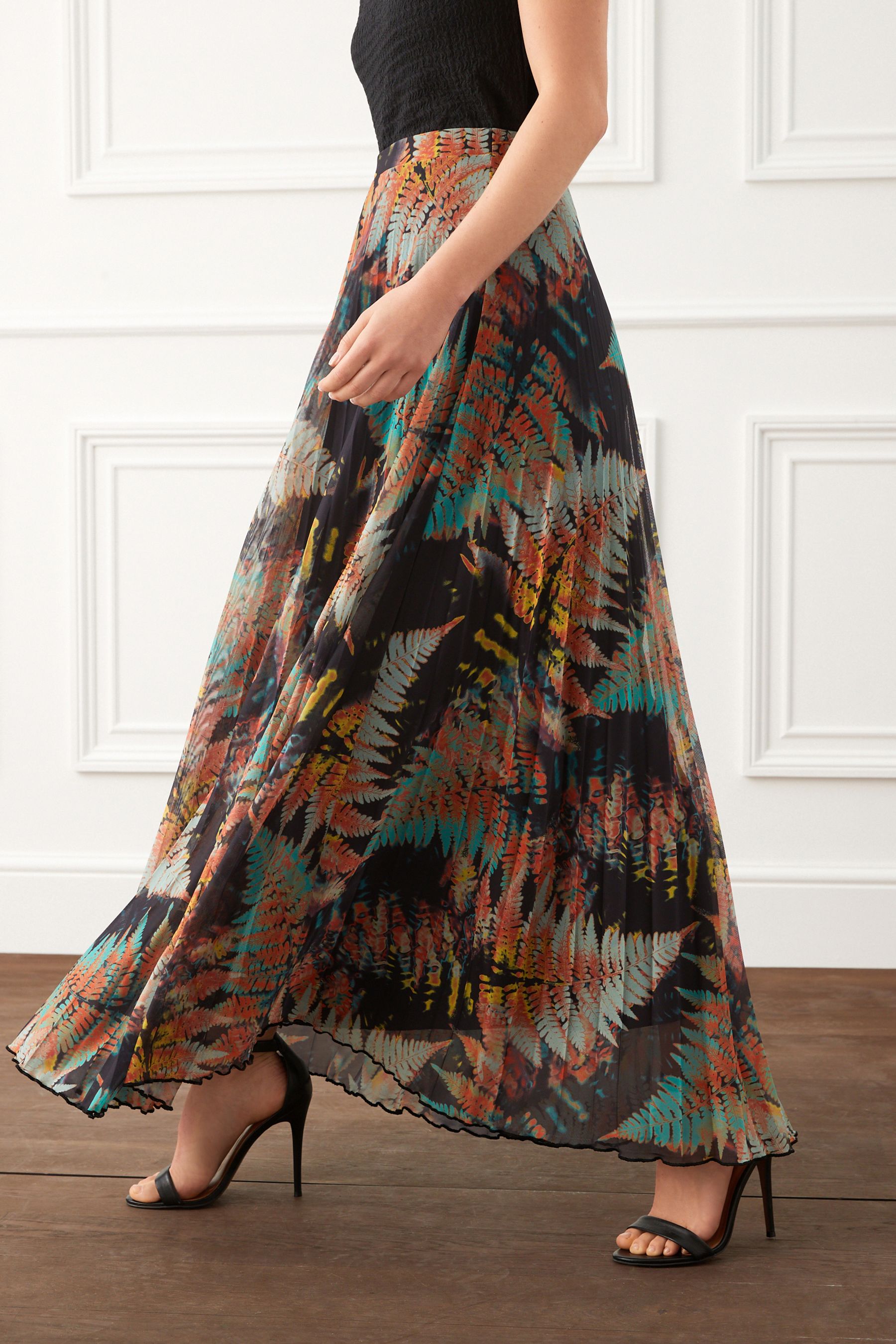 Buy Black Fern Print Pleated Mesh Maxi Skirt from Next Luxembourg