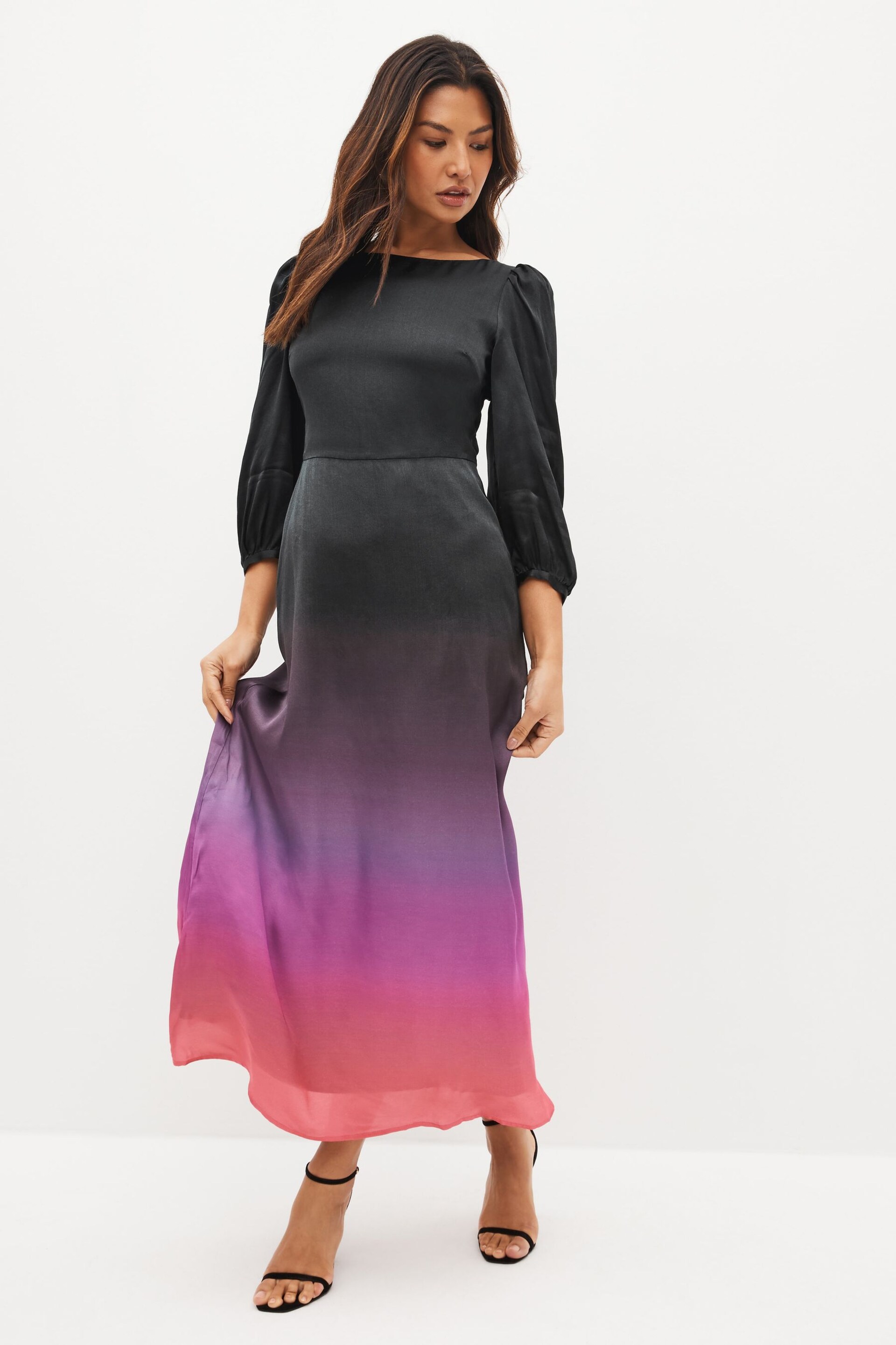 Olivia Rubin Lara Ombre Black Midi Dress with Puff Sleeve and a Fitted Waist - Image 1 of 4