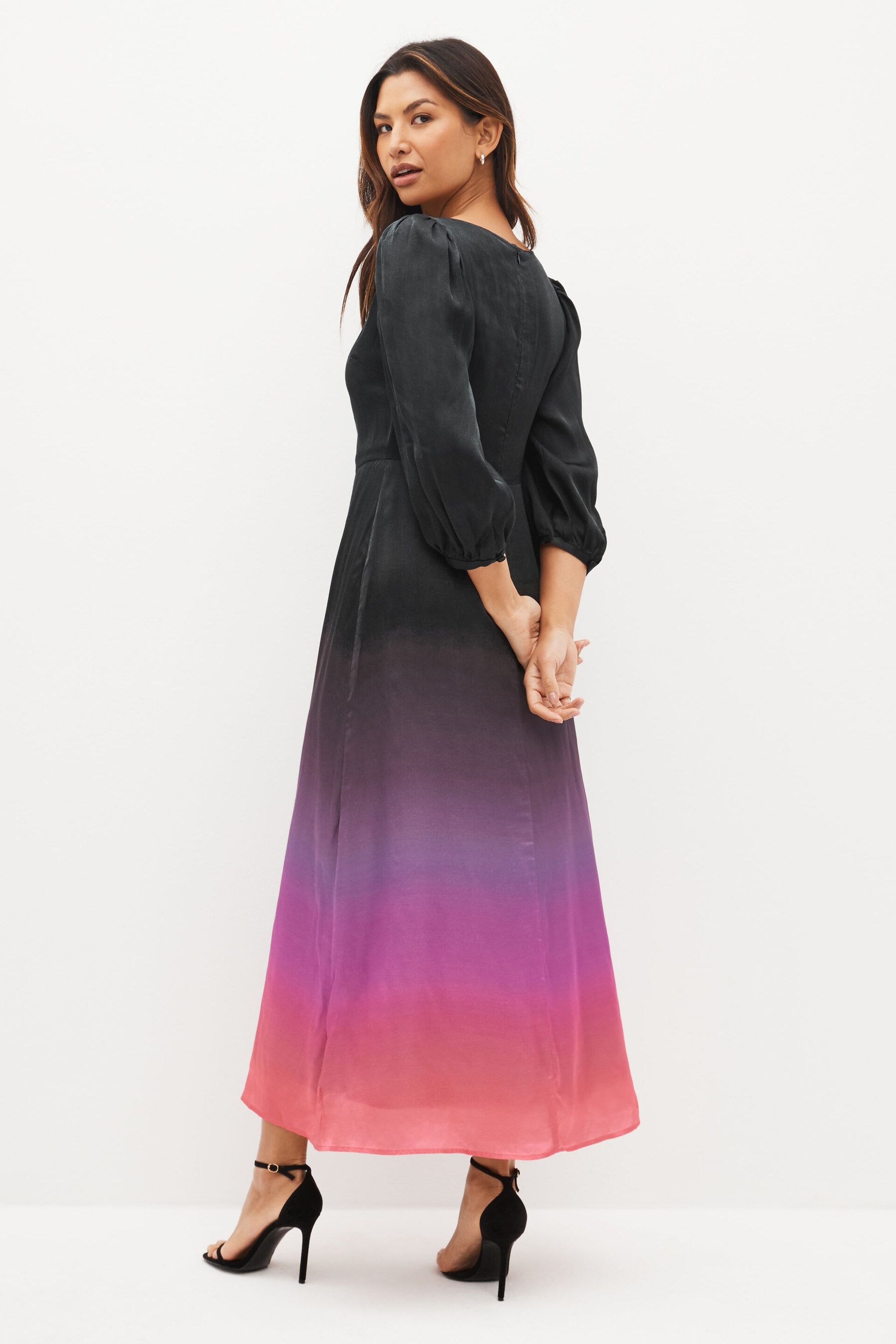 Olivia Rubin Lara Ombre Black Midi Dress with Puff Sleeve and a Fitted Waist - Image 2 of 4
