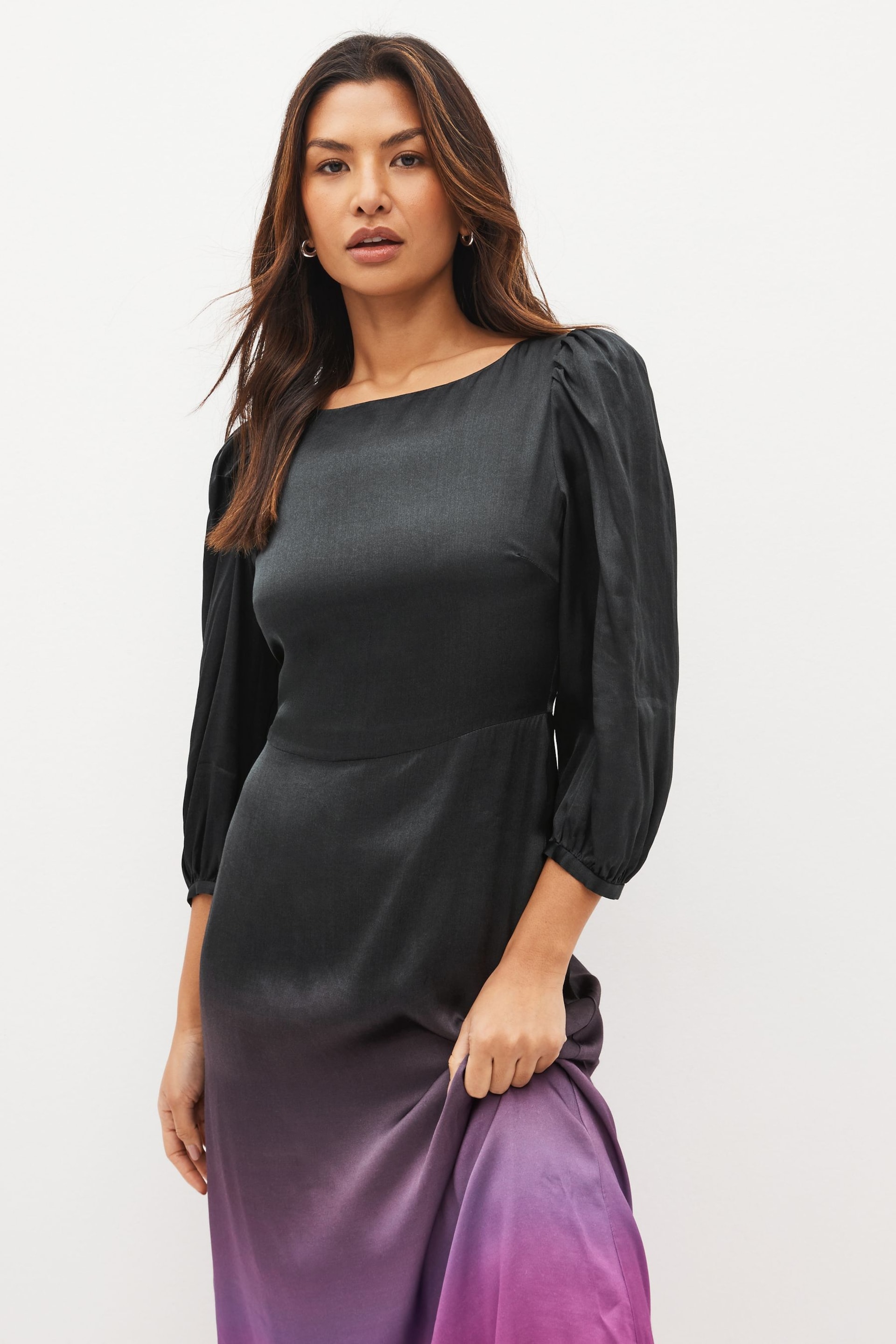 Olivia Rubin Lara Ombre Black Midi Dress with Puff Sleeve and a Fitted Waist - Image 3 of 4