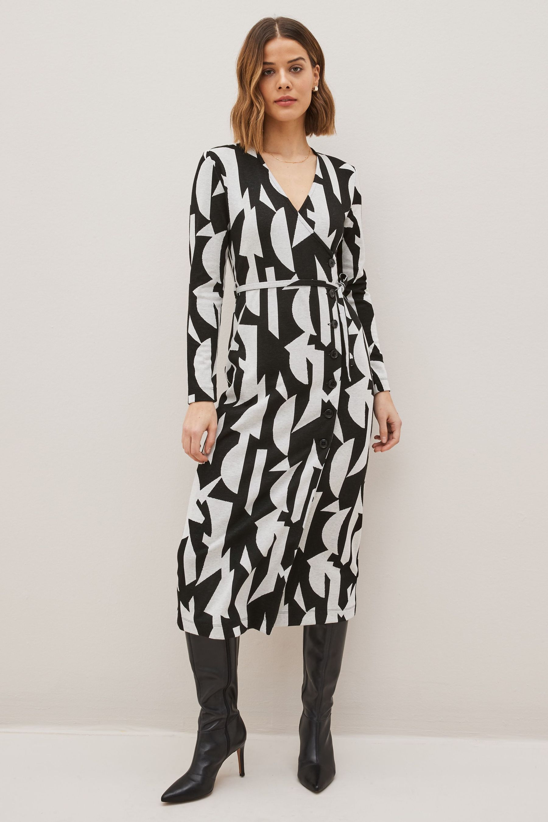 Buy Black White Geo Long Sleeve Wrap Button Midi Dress from Next Luxembourg
